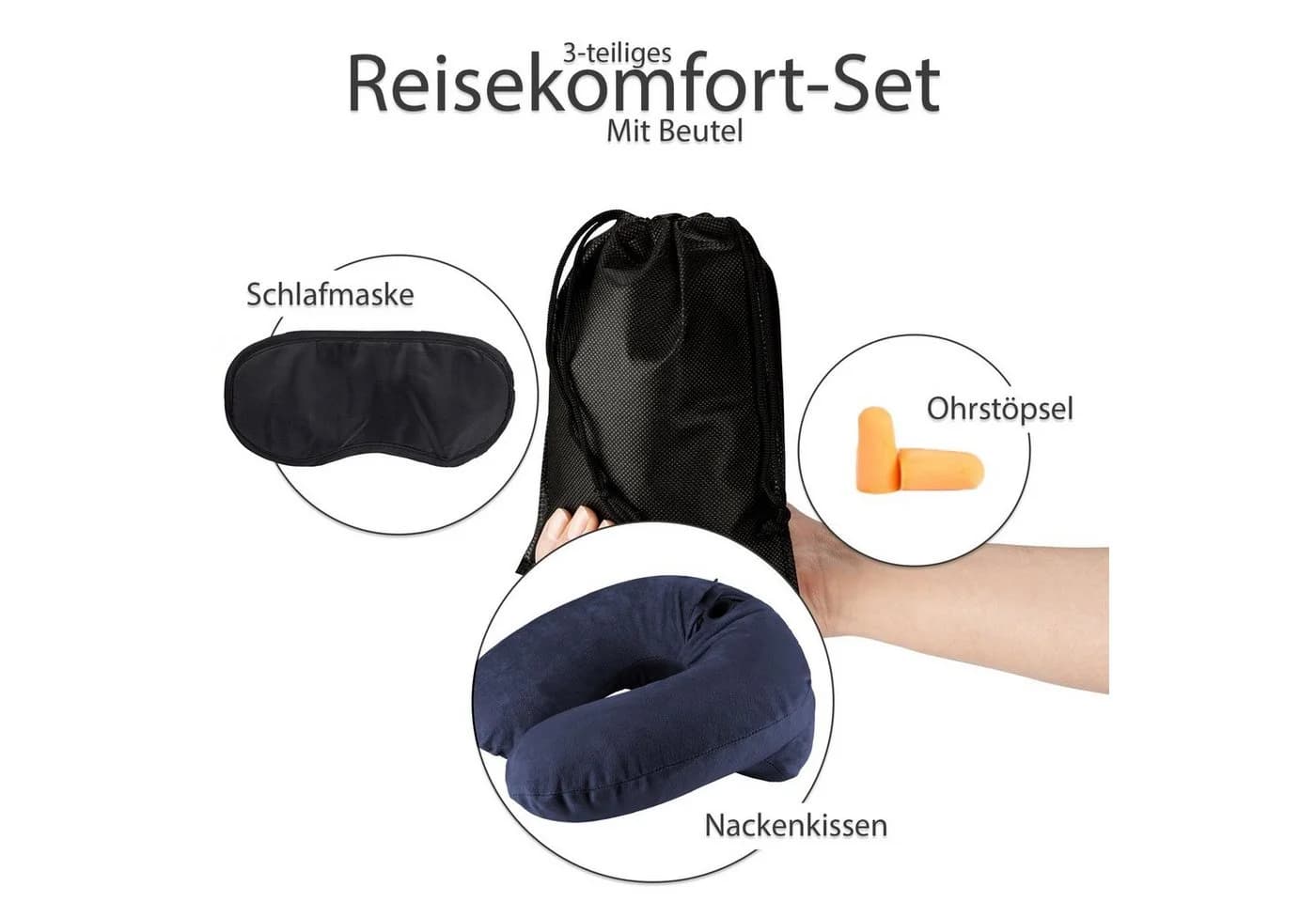 EAZY CASE Aufblasbares Nackenhörnchen Schwarz mit Stoffbezug und Reise-Set - Bild 5