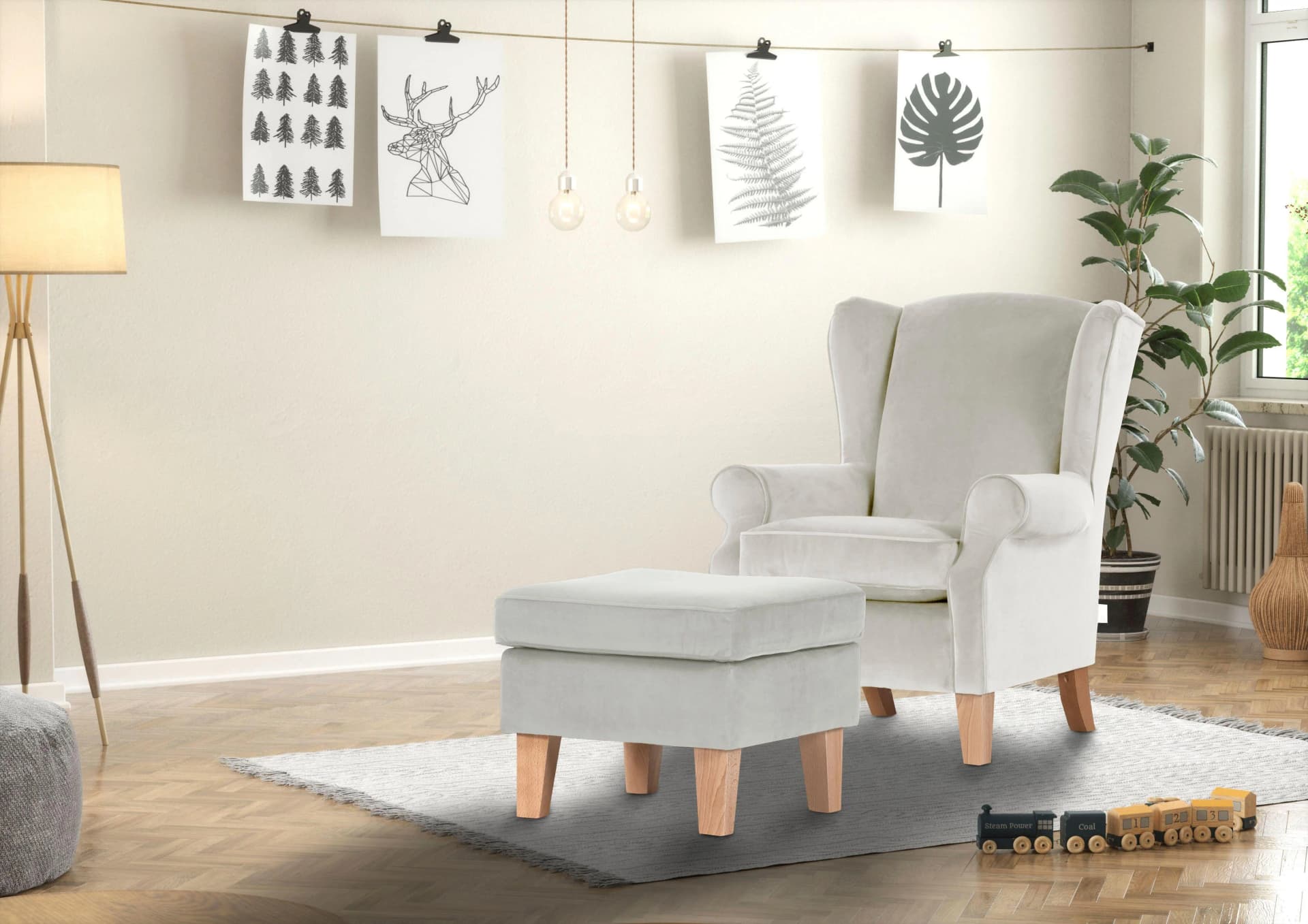 Hocker GUTMANN FACTORY Beige Holzteilmassiv samtartiger Bezug