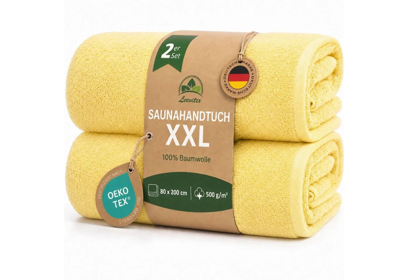 leevitex® Saunatuch 80x200 cm 100% Baumwolle Gelb Gestreift 2er Set - Bild 2