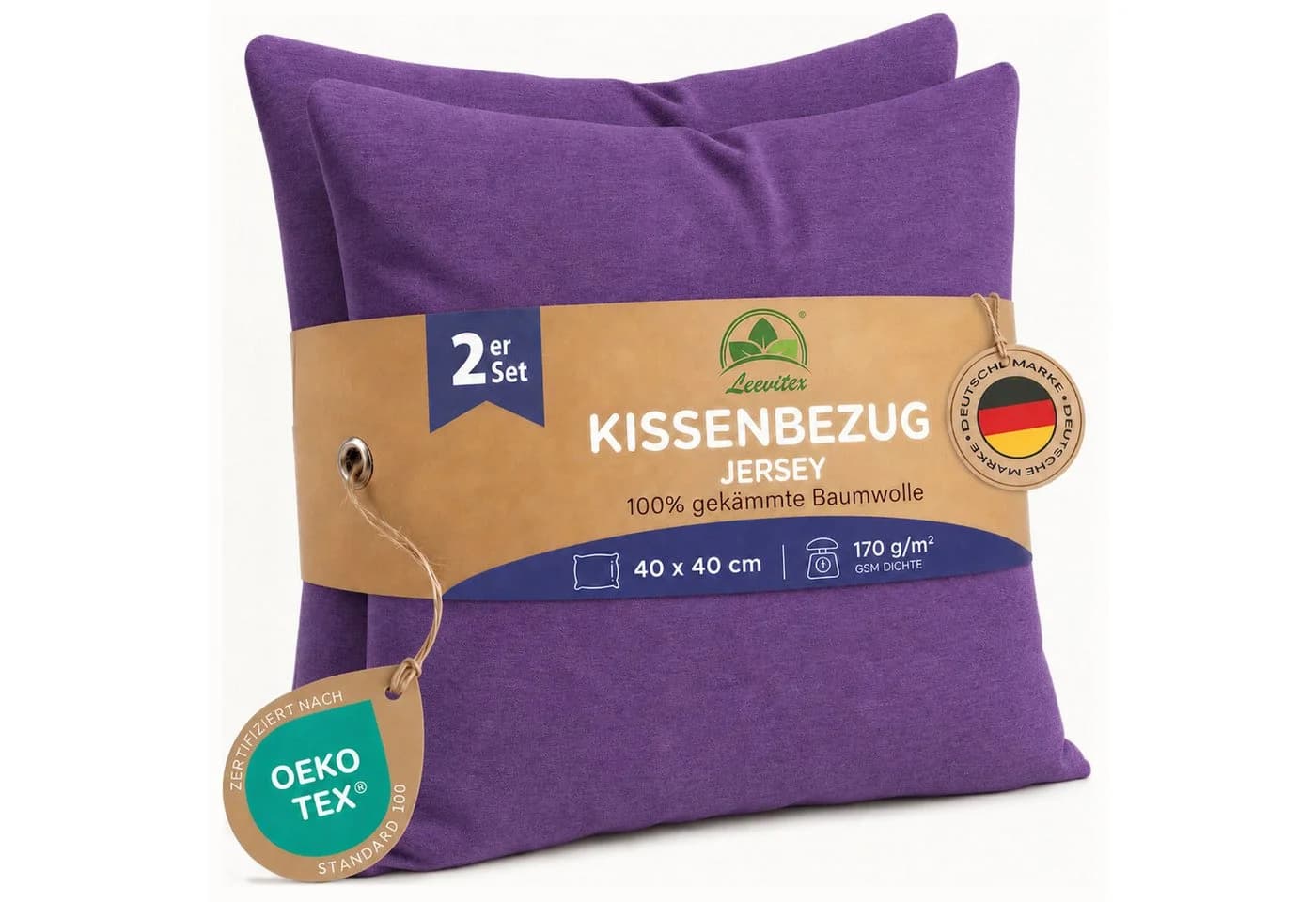 leevitex® Kissenbezug 40x40 cm 2er Set Lila/Pflaume 100% Baumwolle - Bild 2