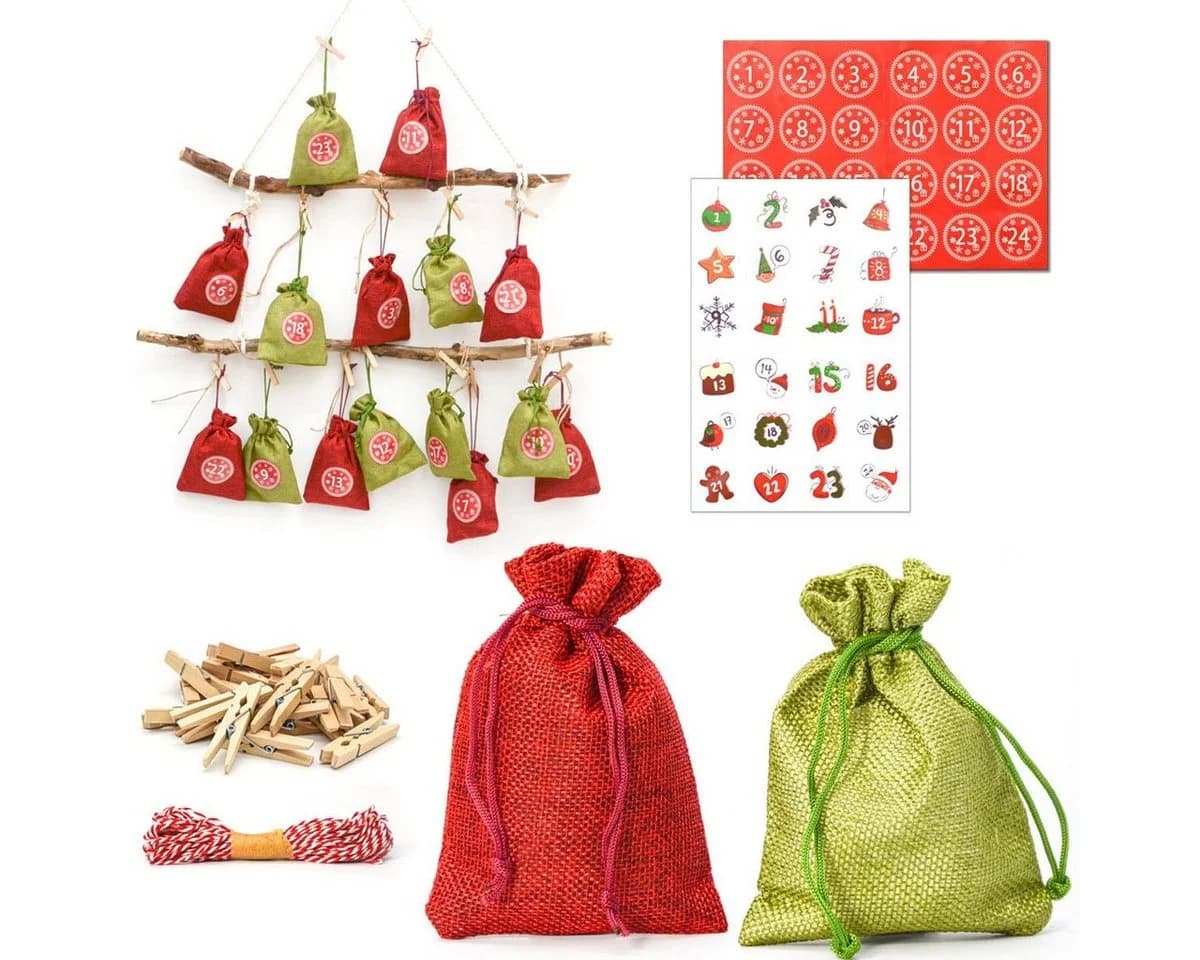 DuneDesign DIY Adventskalender Bastelset mit 24 Jutesäckchen Rot/Grün - Bild 2