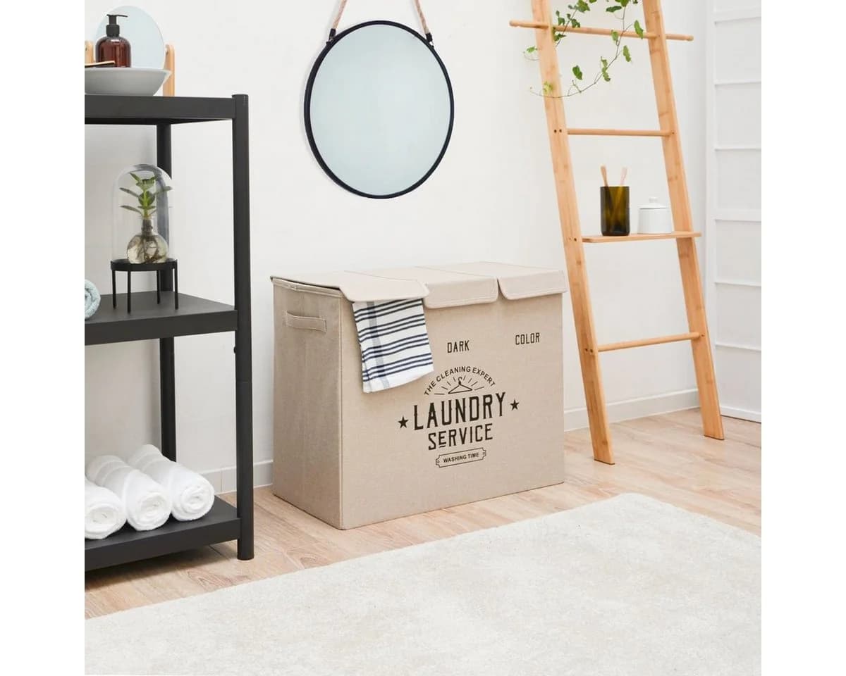 DuneDesign Wäschekorb 3 Fächer Beige 84L mit Deckel