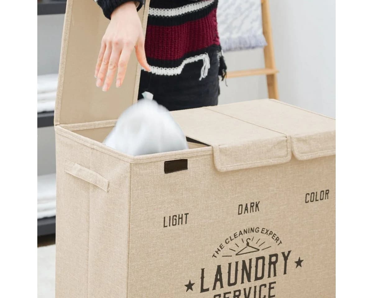DuneDesign Wäschekorb 3 Fächer Beige 84L mit Deckel - Bild 5