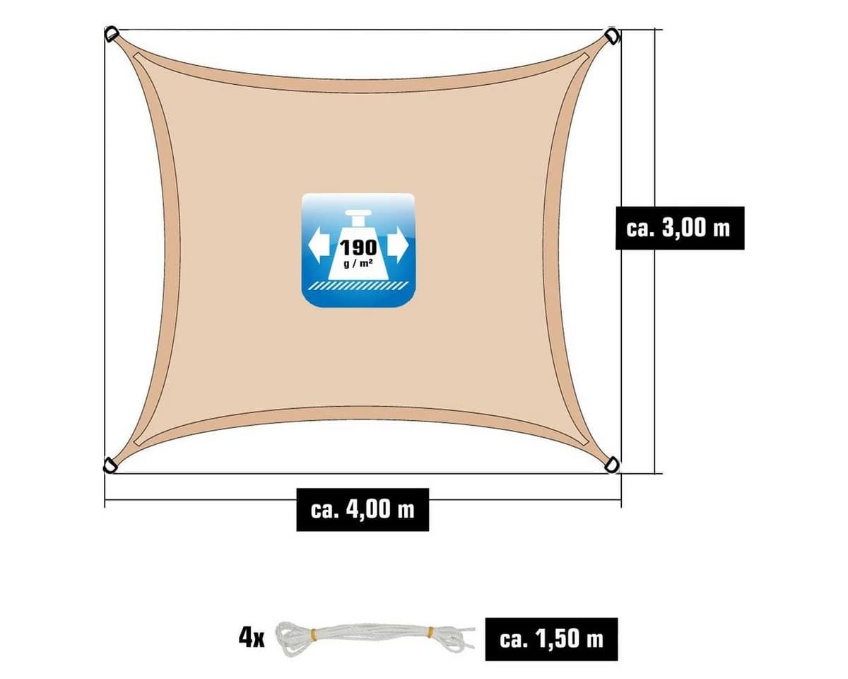 3x4m Sonnensegel Rechteckig Wasserdicht - Sonnenschutz Set mit Befestigung - Bild 3