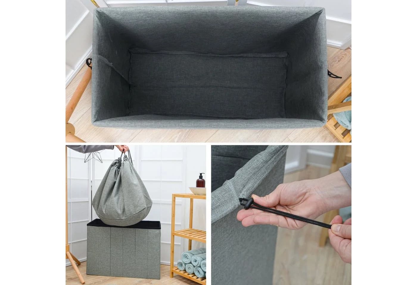 DuneDesign Wäschekorb 85L mit Sitzfunktion & Deckel Grau - Bild 4