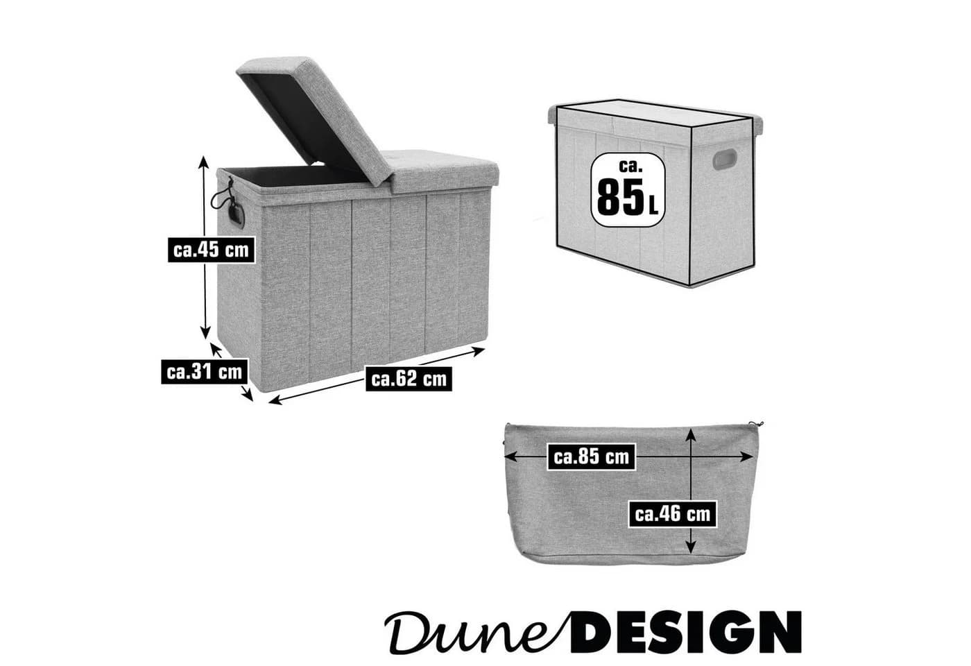 DuneDesign Wäschekorb 85L mit Sitzfunktion & Deckel Grau - Bild 5