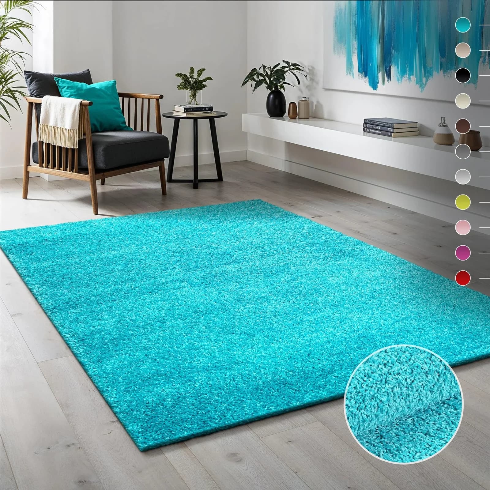 Aquablauer Shaggy Teppich aus Kunstfaser und Jute