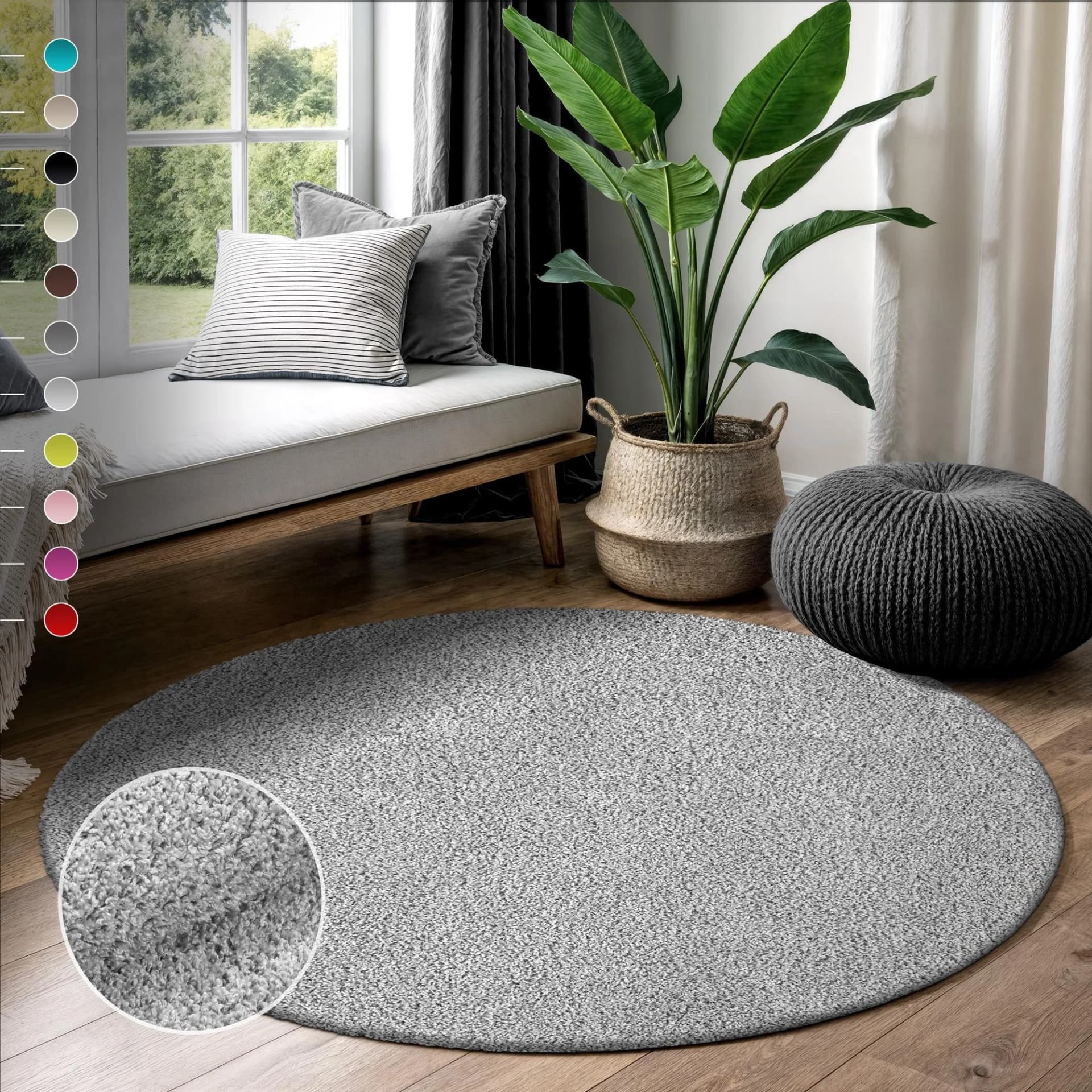 SANAT LOCA Hochflor-Teppich Rund Hellgrau Shaggy