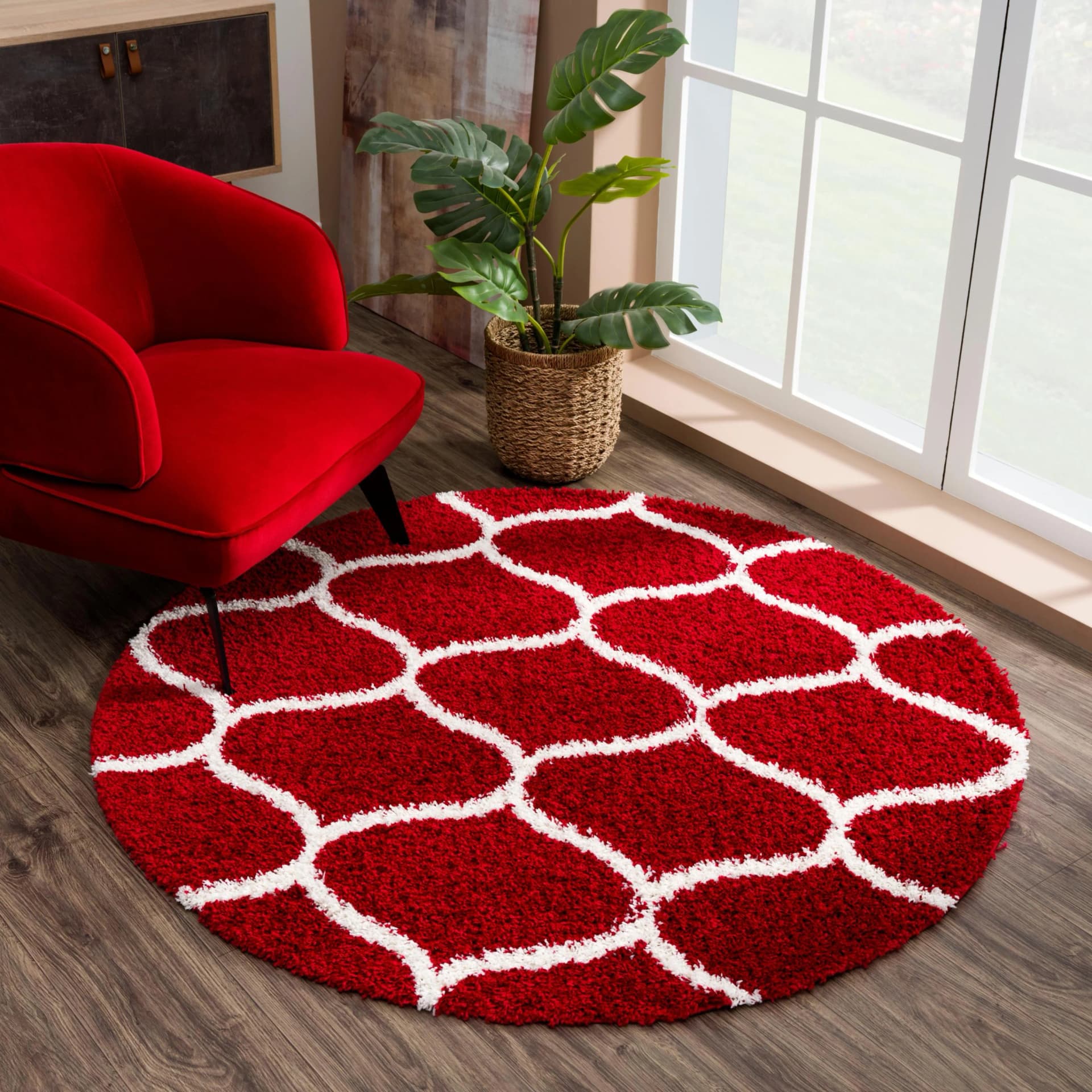 SANAT Madrid Hochflor-Teppich Rot Rund 80cm