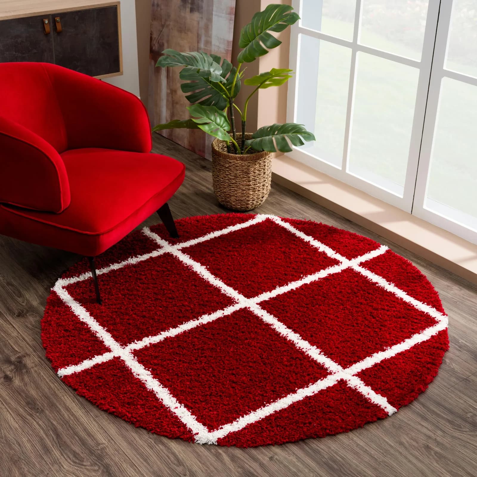 SANAT Madrid Hochflor-Teppich Rot Rund 80cm