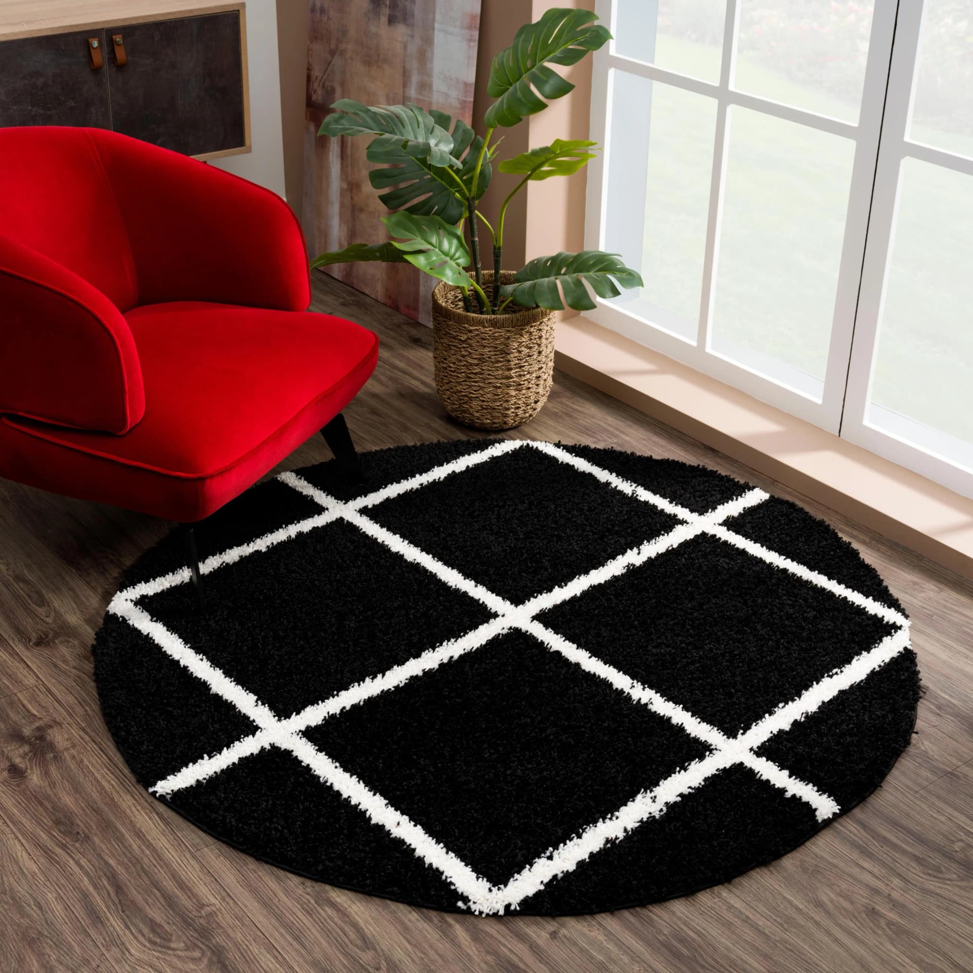 SANAT Hochflor-Teppich Madrid Schwarz Rund 80cm
