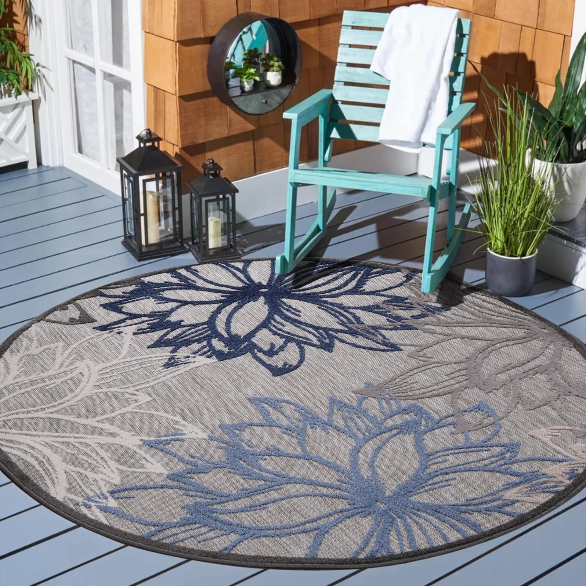SANAT Floral 2 Outdoor Teppich Blau Grau Rund