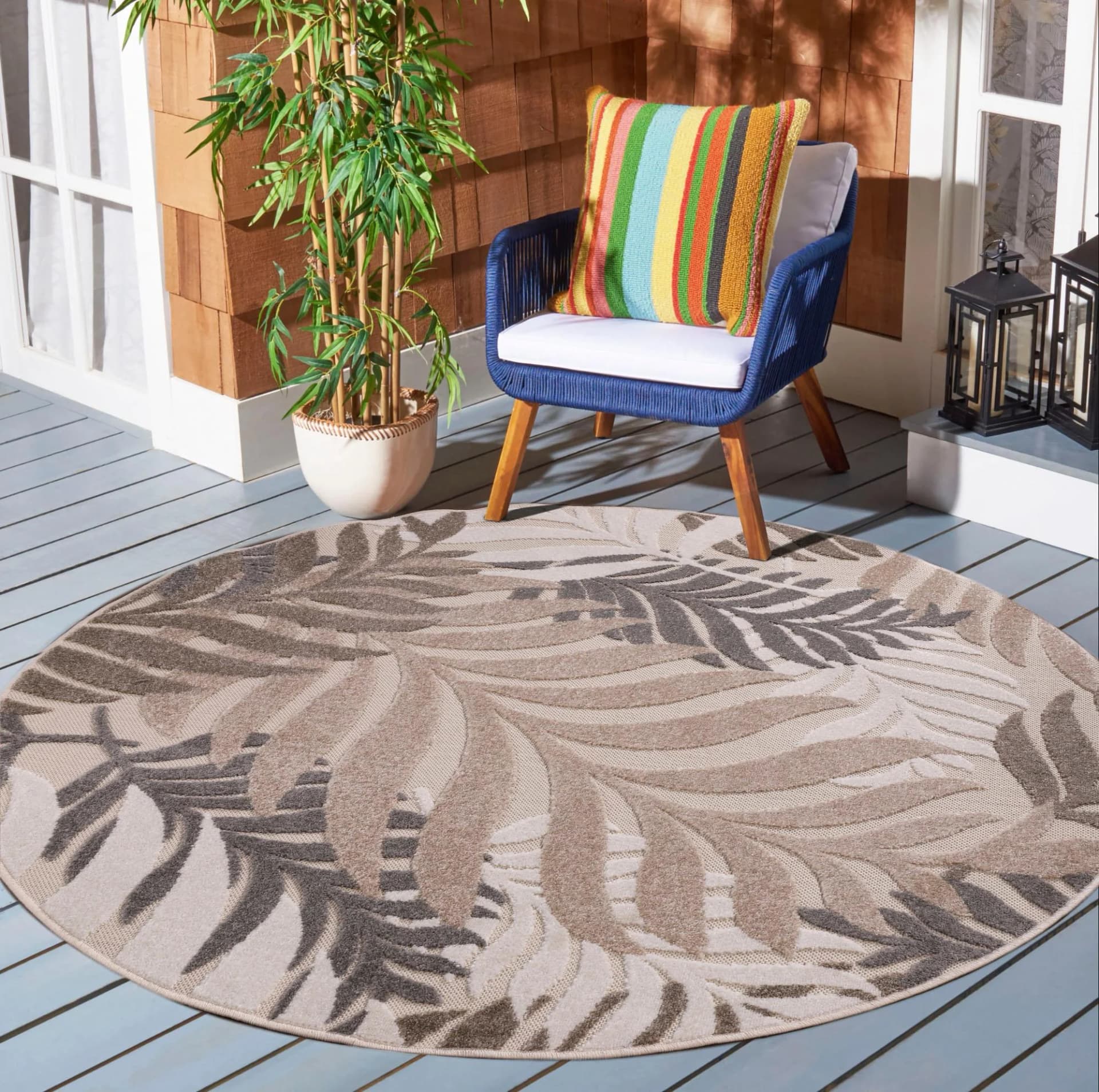 SANAT Floral Outdoor Teppich Beige 150cm Rund