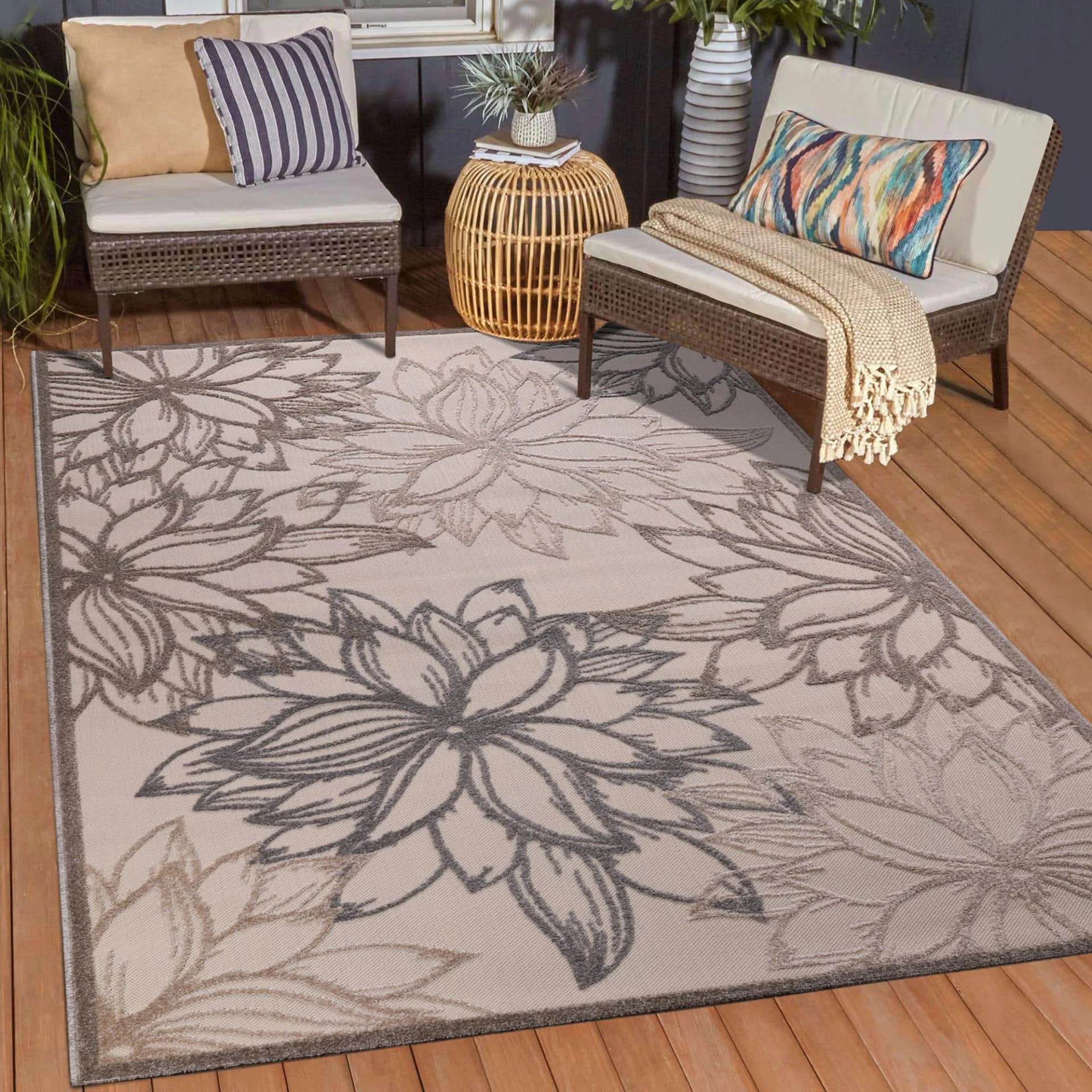 SANAT Teppich Floral 2 Outdoor Beige Creme Kunstfaser