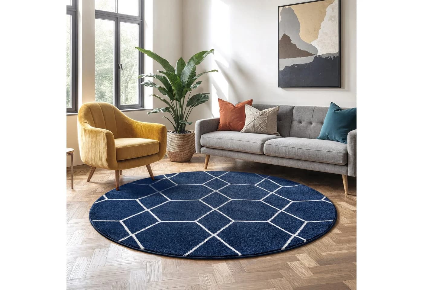 Boho Teppich aus Kunstfaser und Jute, Ø 150 cm, Marineblau