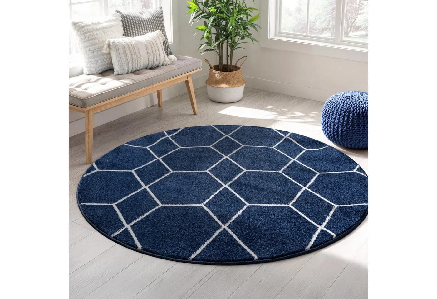 Boho Teppich aus Kunstfaser und Jute, Ø 150 cm, Marineblau - Bild 2