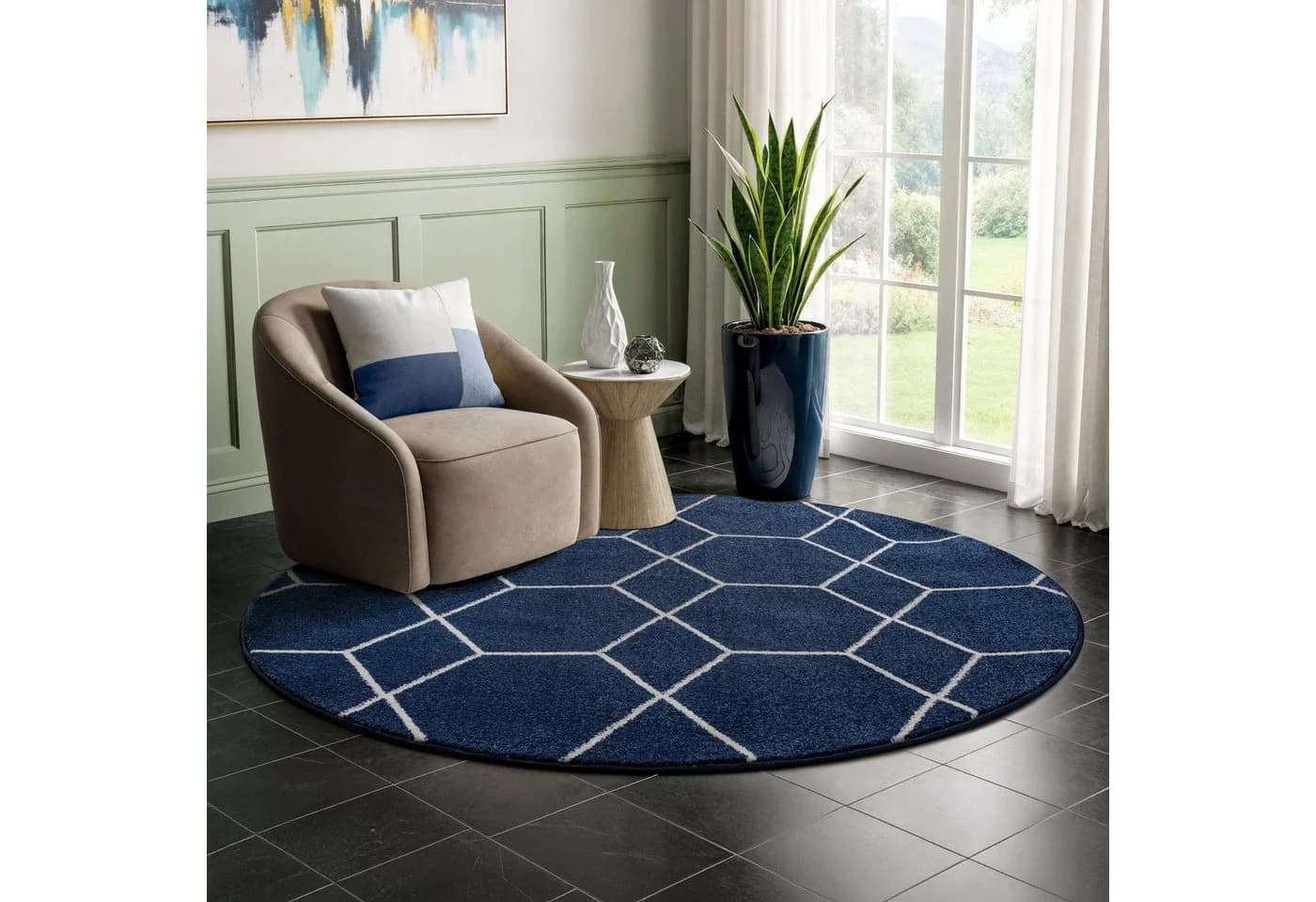 Boho Teppich aus Kunstfaser und Jute, Ø 150 cm, Marineblau - Bild 3