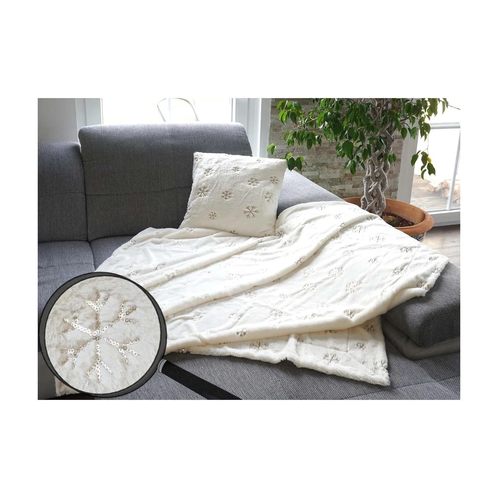 MCW Set Kuscheldecke + Deko-Kissen Schnee Weiß Flauschig Pailletten