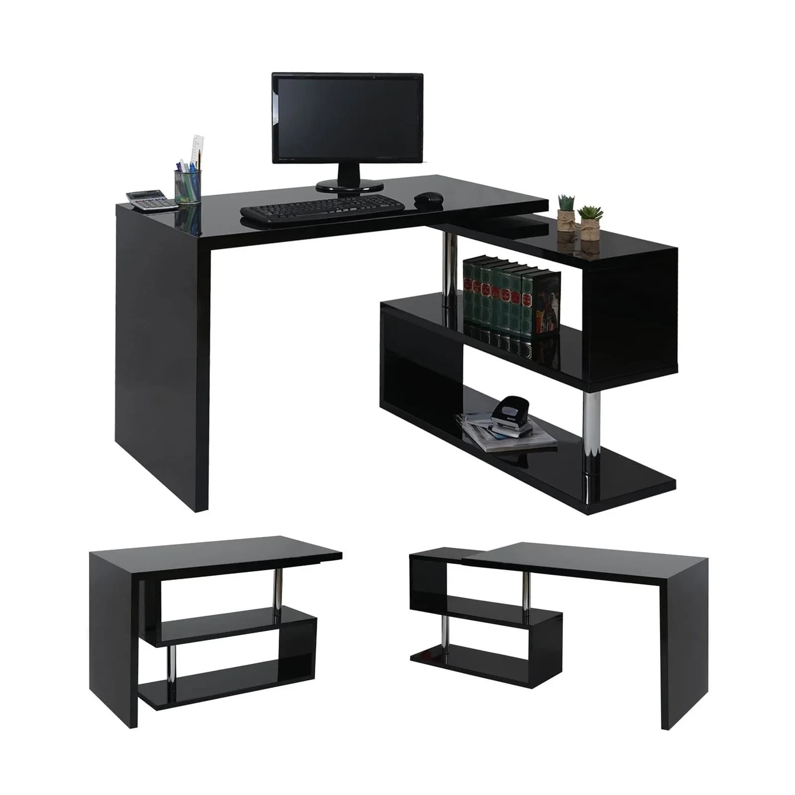 MCW Design Eckschreibtisch Hochglanz Schwarz mit Drehregal