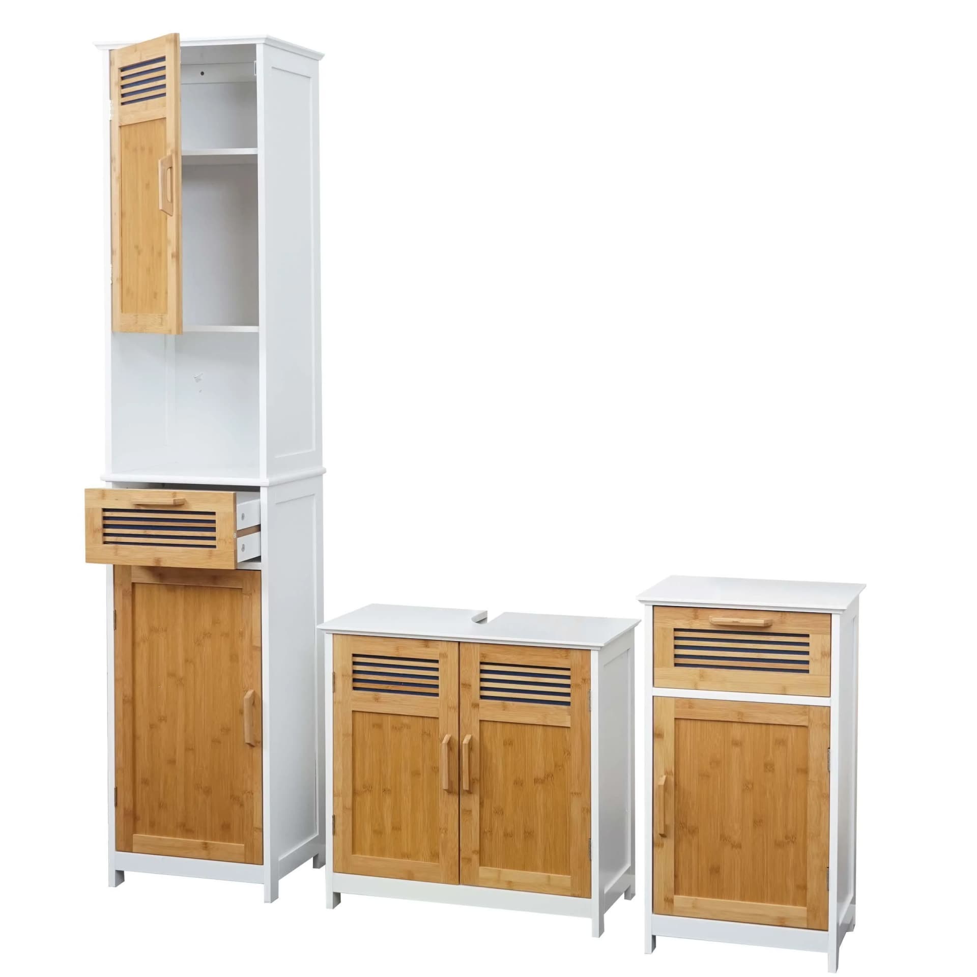 Badezimmerset MCW-A85 Hochschrank Kommode Waschbecken Bambus Weiß - Bild 2