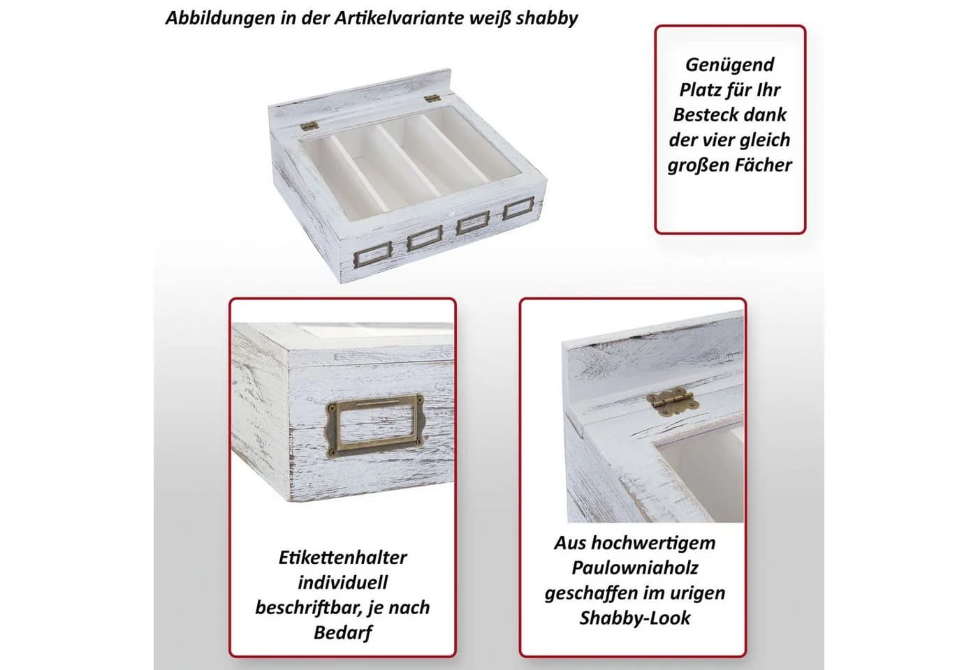 MCW Besteckkiste MCW-C25 Weiß Shabby 4 Fächer Paulowniaholz - Bild 5