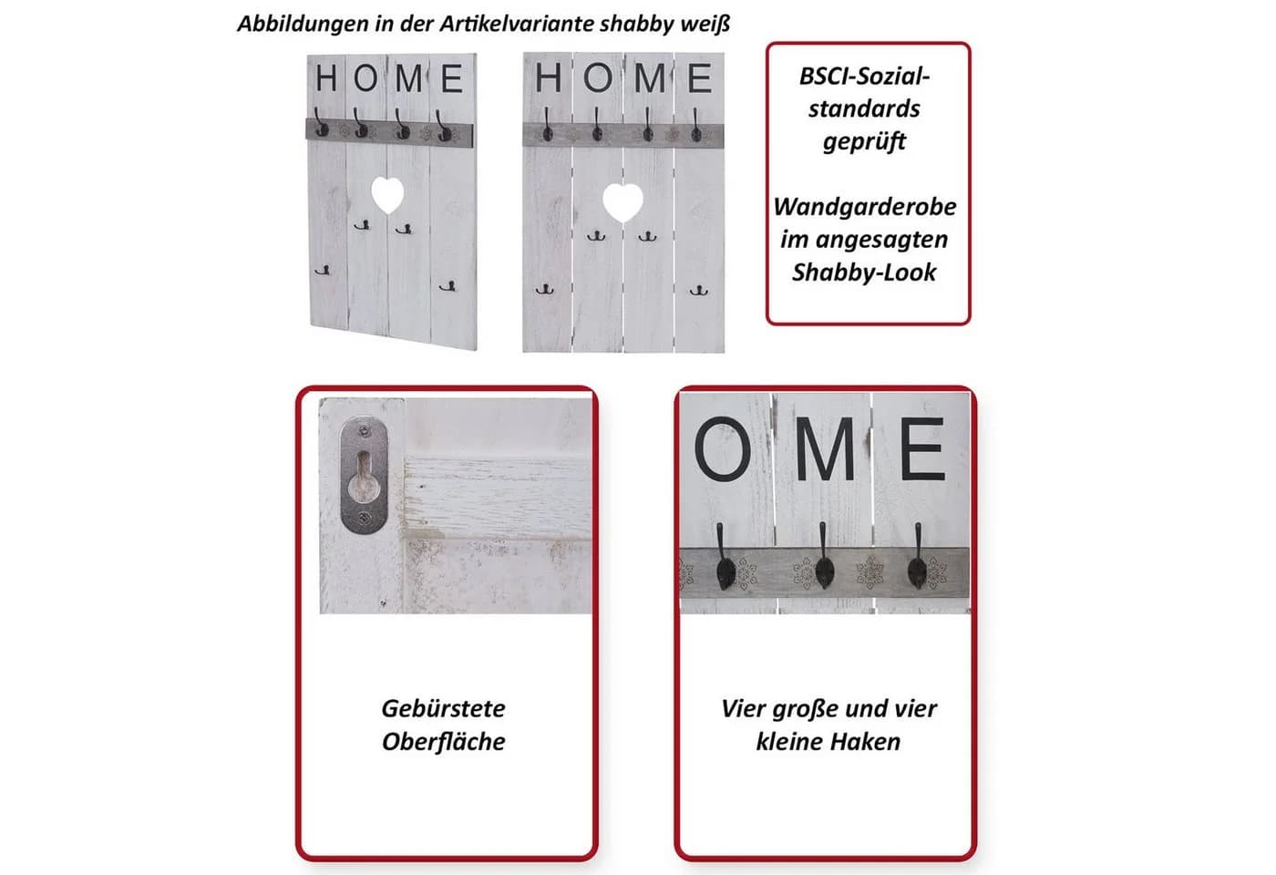 MCW Wandgarderobe Shabby-Look 8 Haken Naturbraun - Bild 5