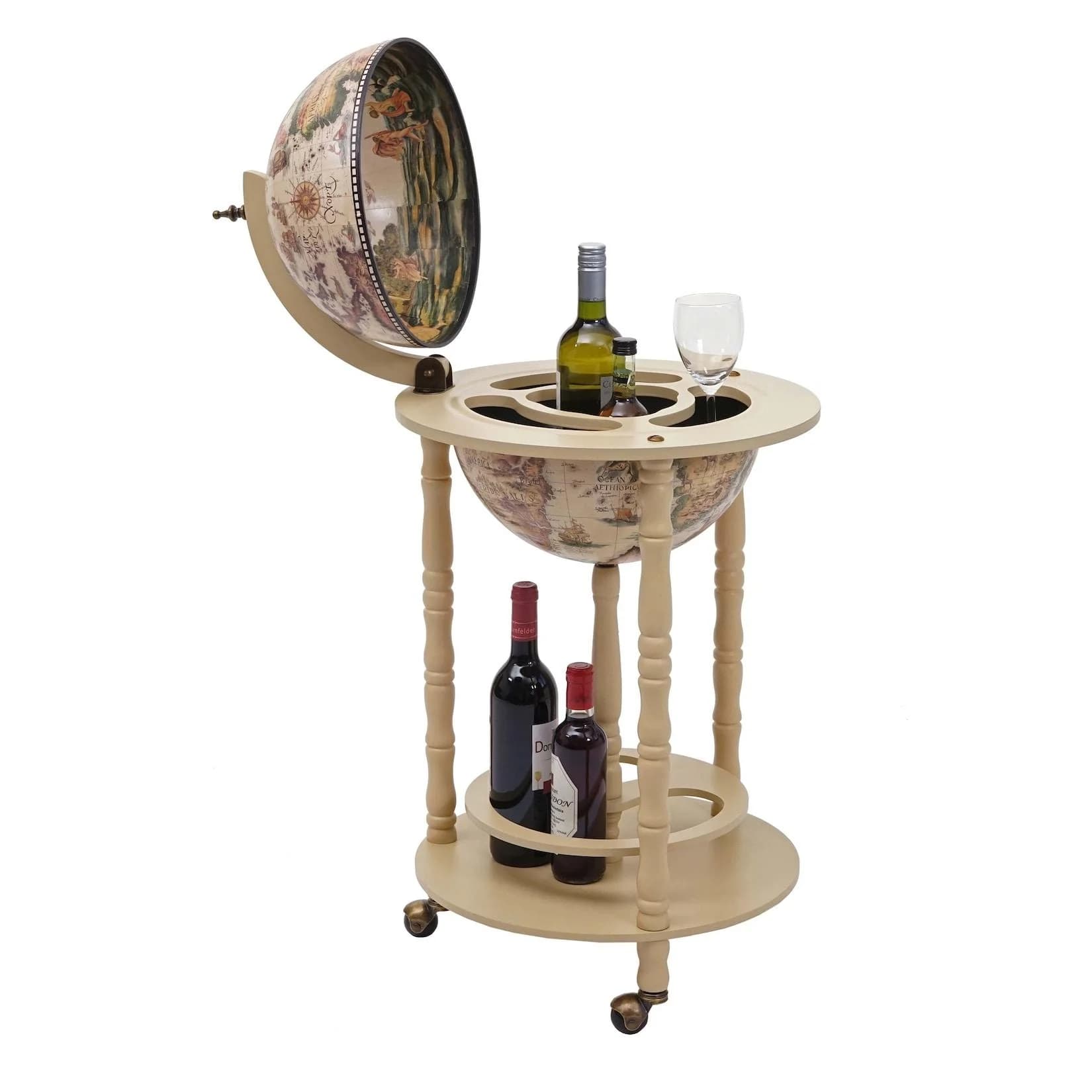 MCW Globusbar Weinregal Eukalyptus Naturbraun mit Rollen