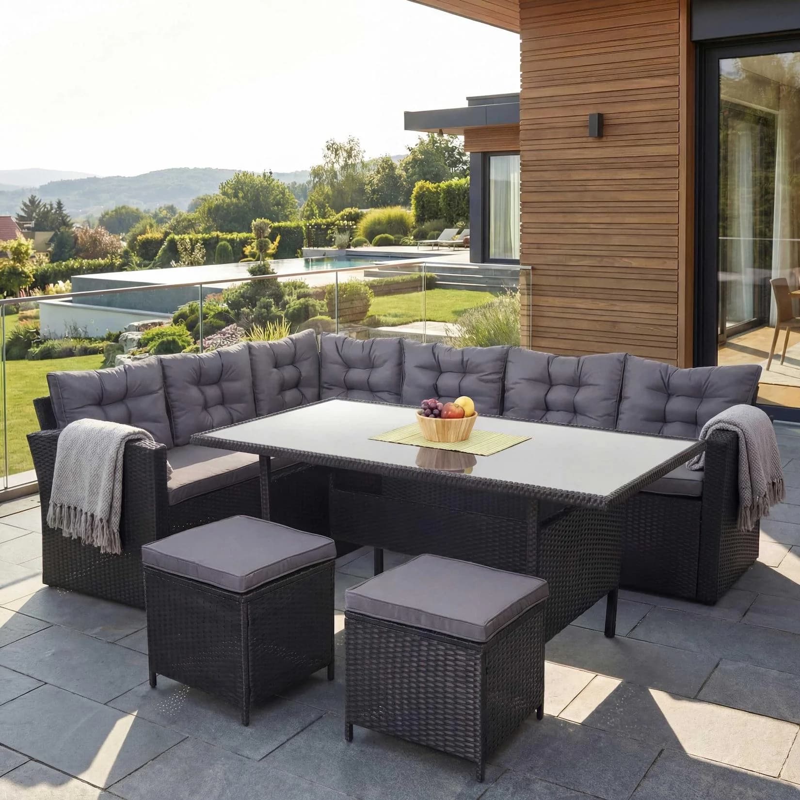 Poly-Rattan-Garnitur MCW-A29, Gartengarnitur Sitzgruppe Lounge-Esstisch-Set, schwarz