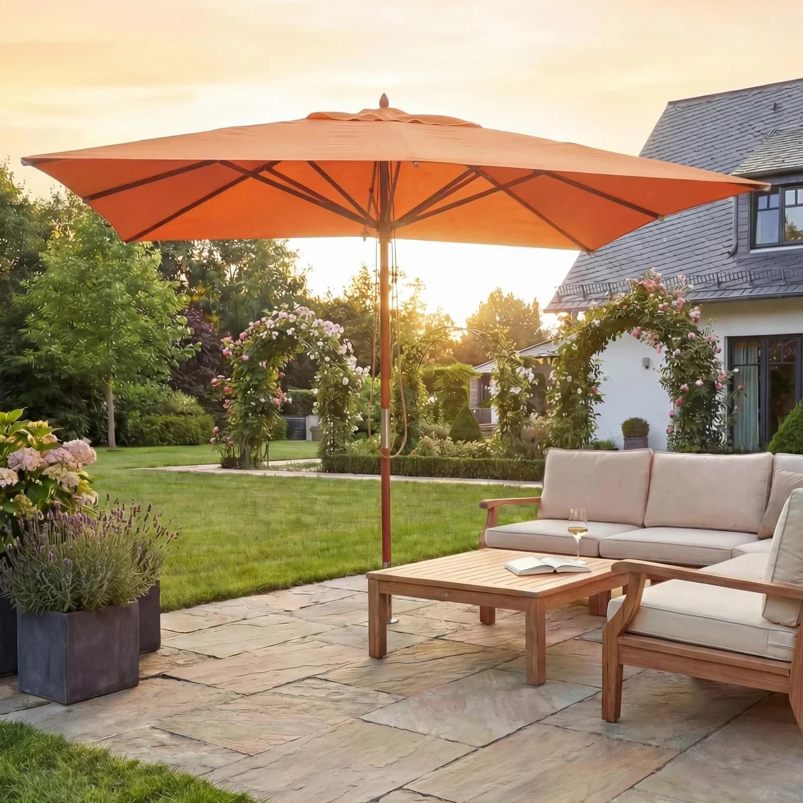 MCW Gastronomie Holz-Sonnenschirm 4x4m Terracotta