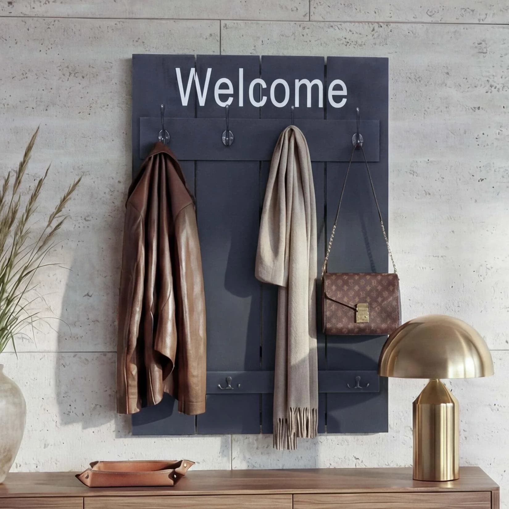 Wandgarderobe MCW-C89 Welcome, Garderobe Garderobenpaneel, Shabby-Look Vintage, 91x60cm ~ dunkelgrau