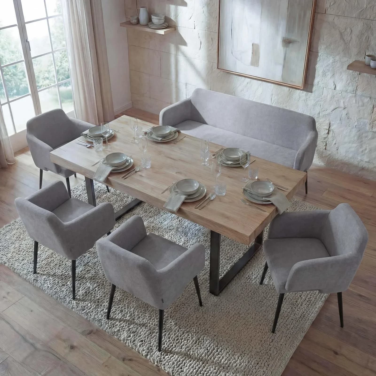 MCW Esszimmer-Set 5-tlg. Stuhl+Sitzbank grau Stoff