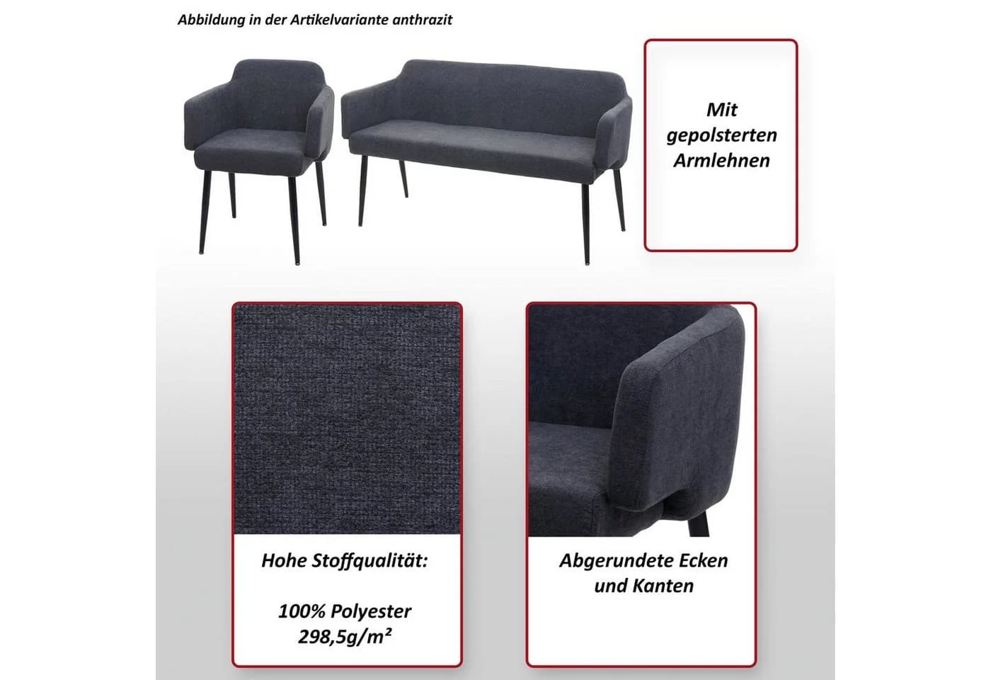 MCW Esszimmer-Set 5-tlg. Stuhl+Sitzbank grau Stoff - Bild 5