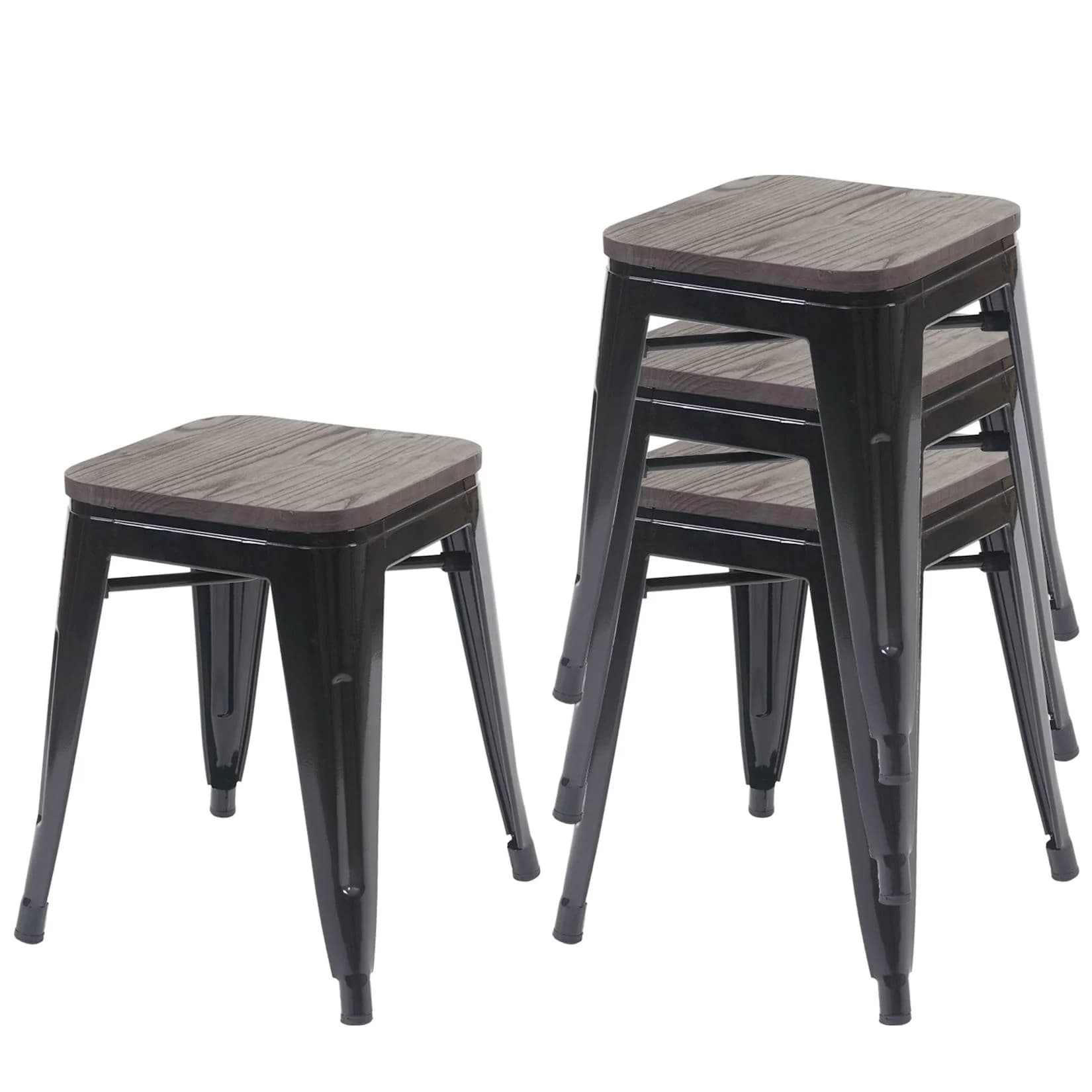 MCW 4er-Set Hocker Schwarz Metall Holz-Sitzfläche Stapelbar Industriedesign