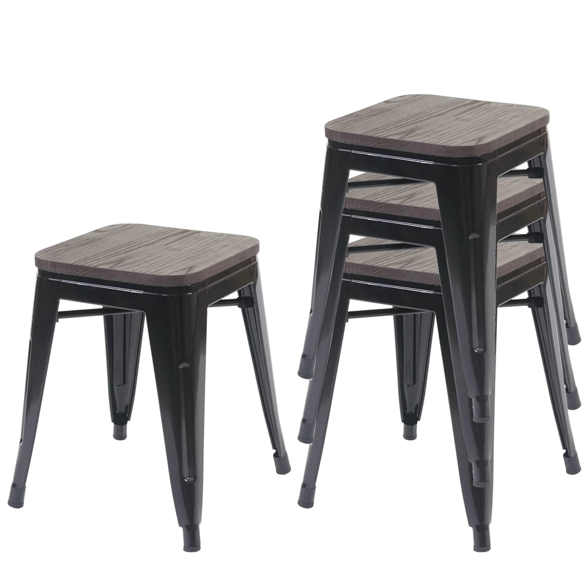 MCW 4er-Set Hocker Schwarz Metall Holz-Sitzfläche Stapelbar Industriedesign - Bild 2