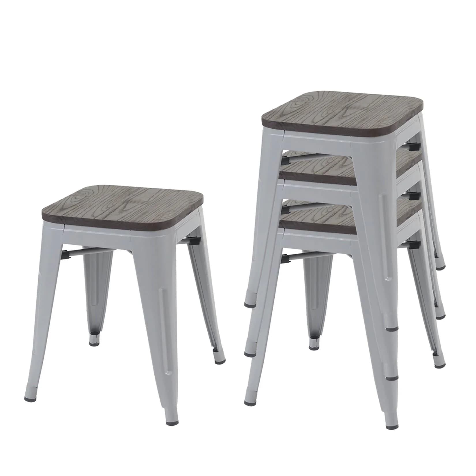 4er-Set Hocker MCW-A73 Grau Metall Holz-Sitzfläche Stapelbar