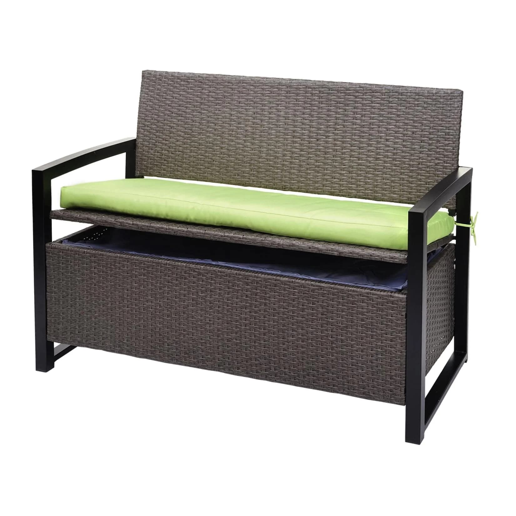 MCW Poly-Rattan 2er Sitzbank grau mit Staufach und grünen Kissen