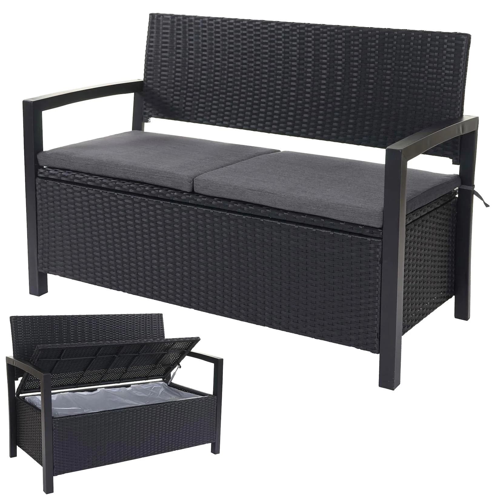 MCW Gartenbank MCW-F39 Poly-Rattan Grau mit Staufach und Kissen