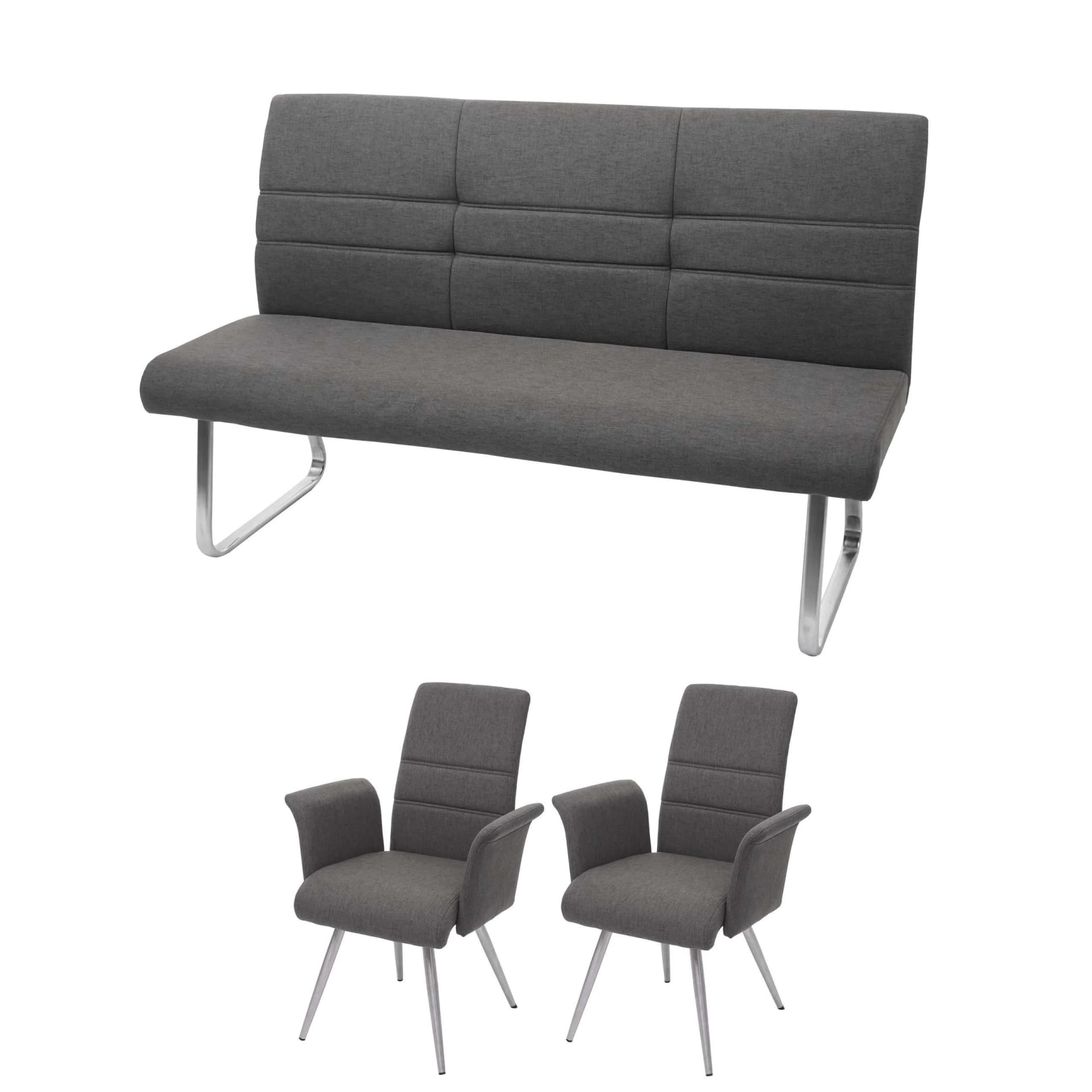 MCW Set 2x Esszimmerstuhl + Sitzbank Grau-Braun Stoff Edelstahl - Bild 2