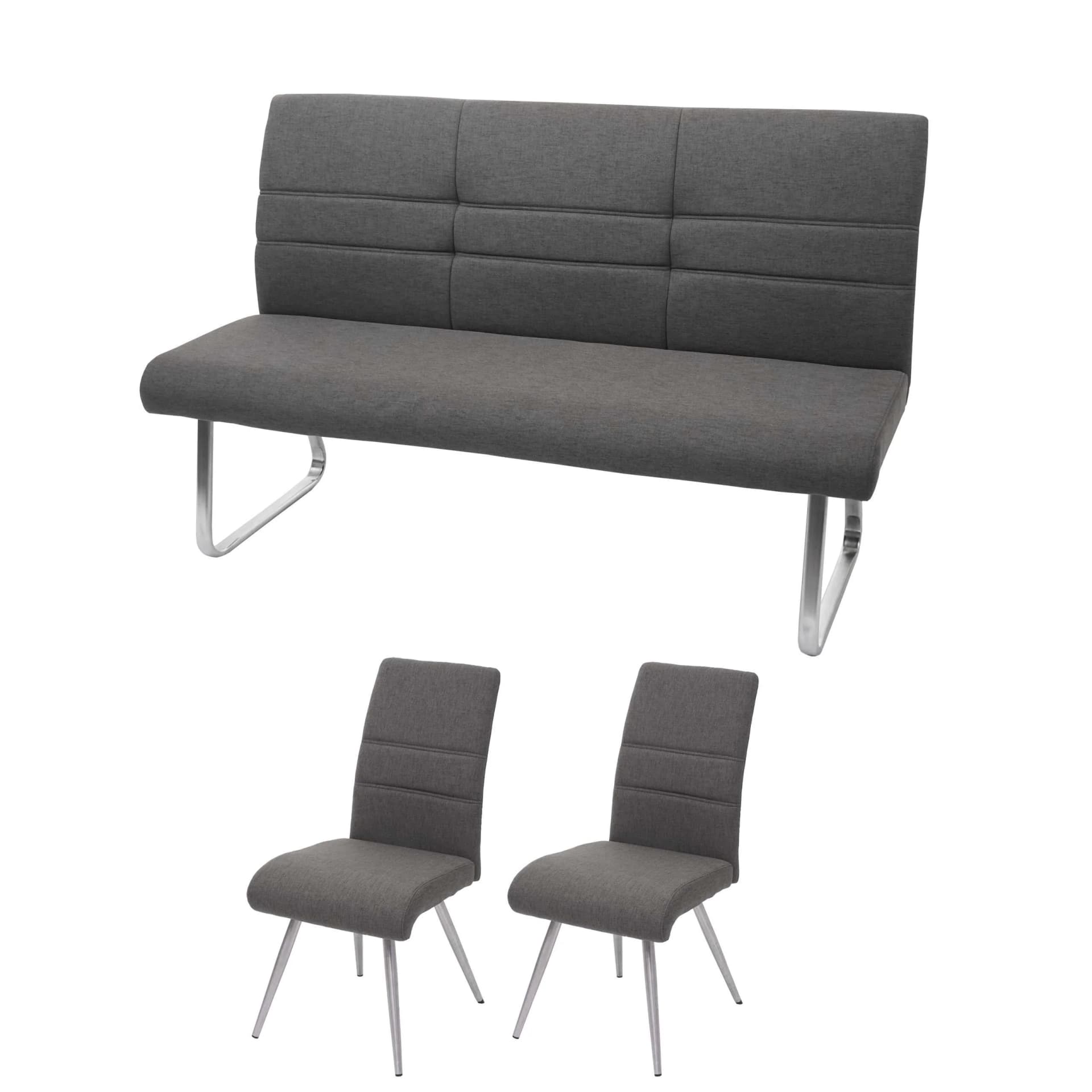 MCW Set 2x Esszimmerstuhl + Sitzbank Grau-Braun Stoff/Edelstahl - Bild 2
