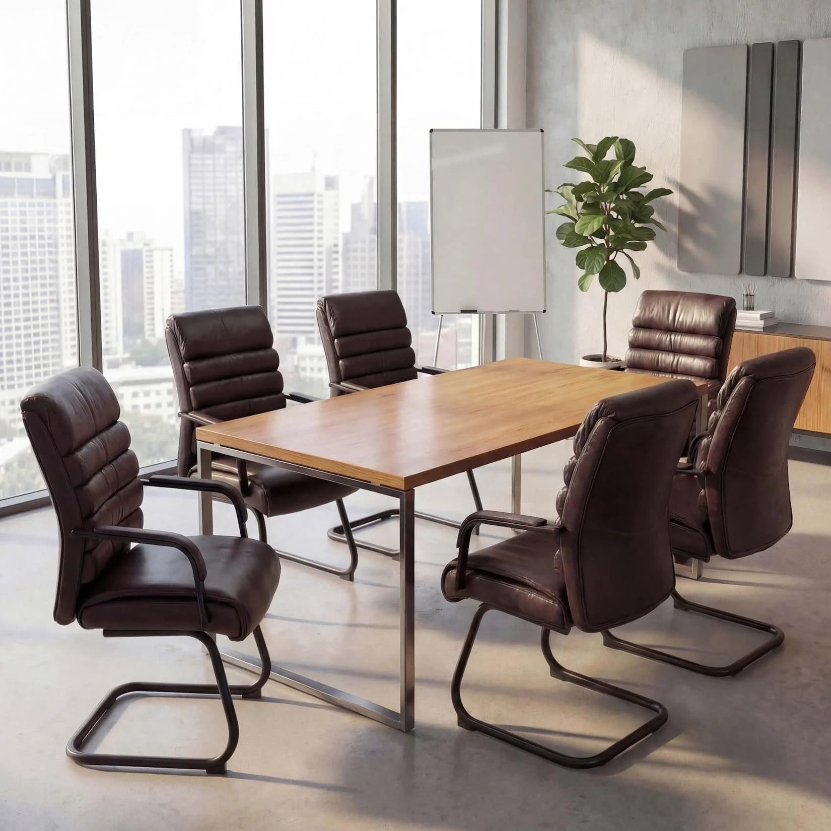 MCW 6er-Set Konferenzstuhl Freischwinger Vintage Kunstleder Braun
