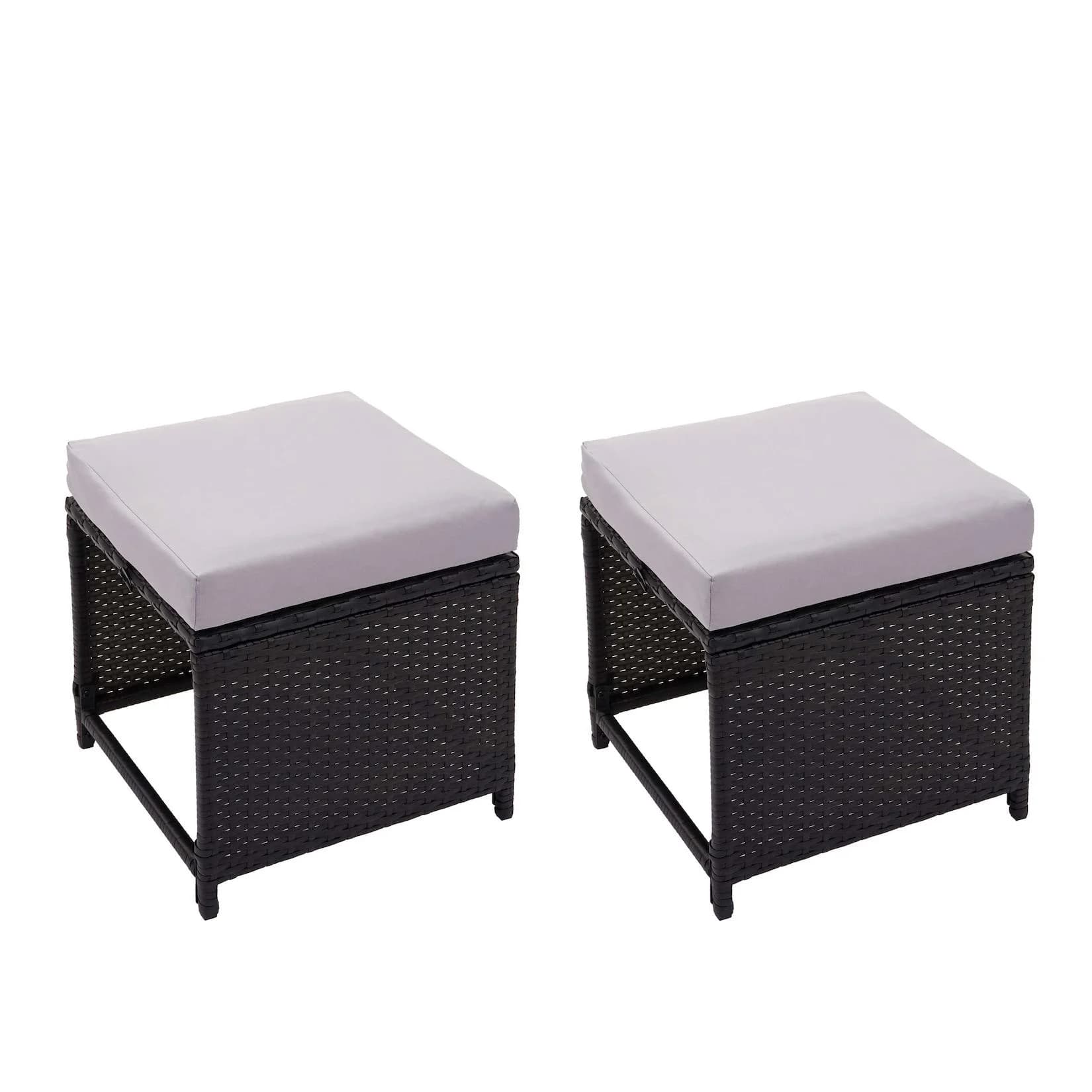 MCW 2er-Set Poly-Rattan Hocker Schwarz mit hellgrauen Kissen