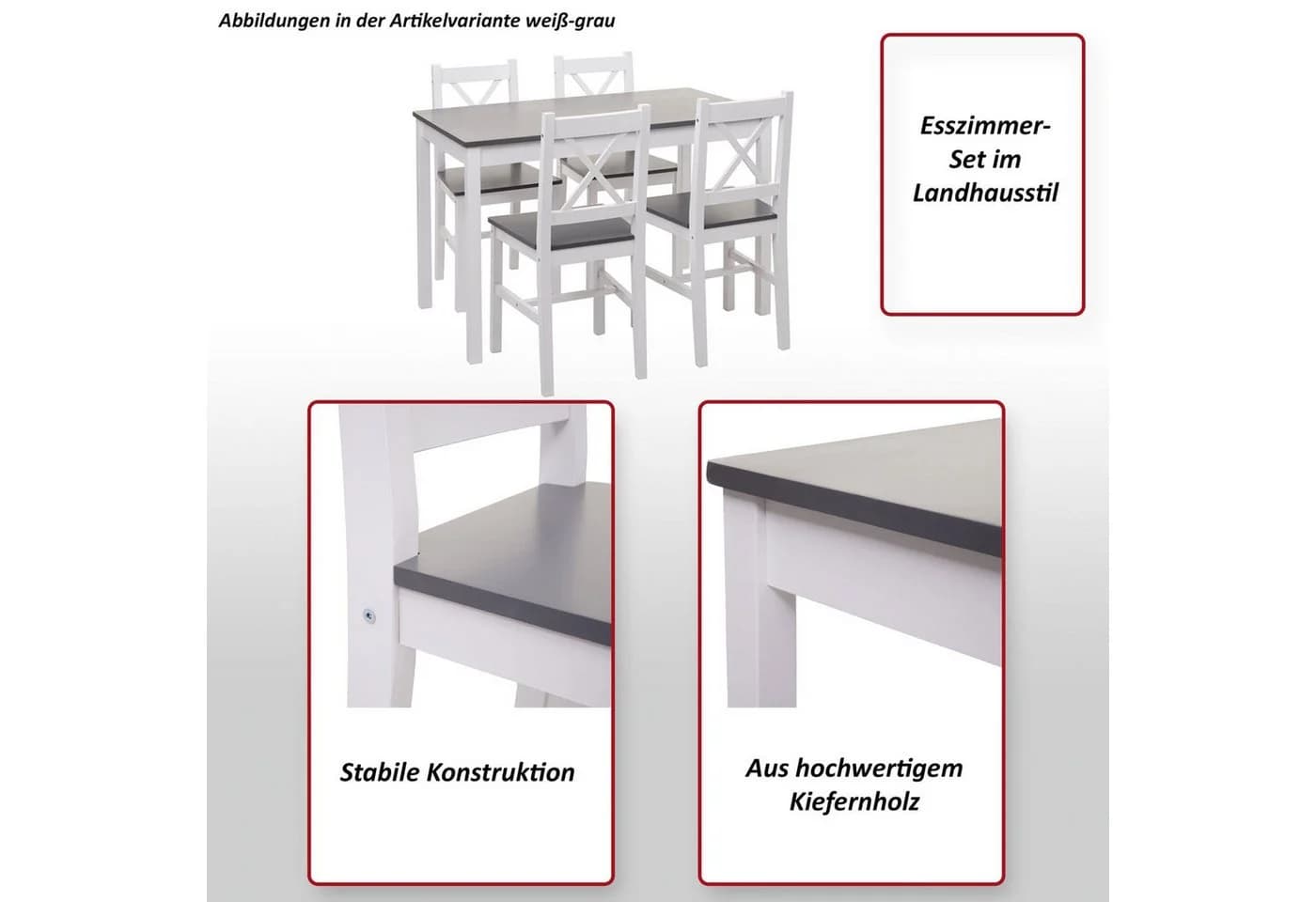 MCW Esszimmer-Set 5-tlg. Landhausstil Massivholz Weiß-Grau - Bild 5