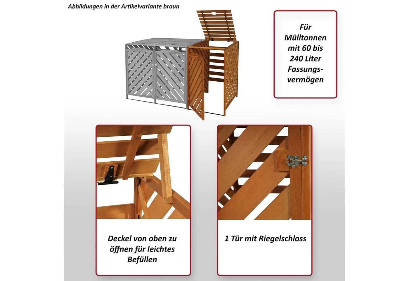 MCW Mülltonnenbox Erweiterung Grau 2 Türen Riegelschloss Tannenholz - Bild 5