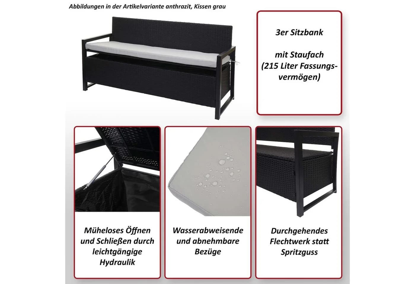 MCW Sitzbank MCW-F39 Poly-Rattan 3er Gartenbank mit Staufach Anthrazit Grau - Bild 5
