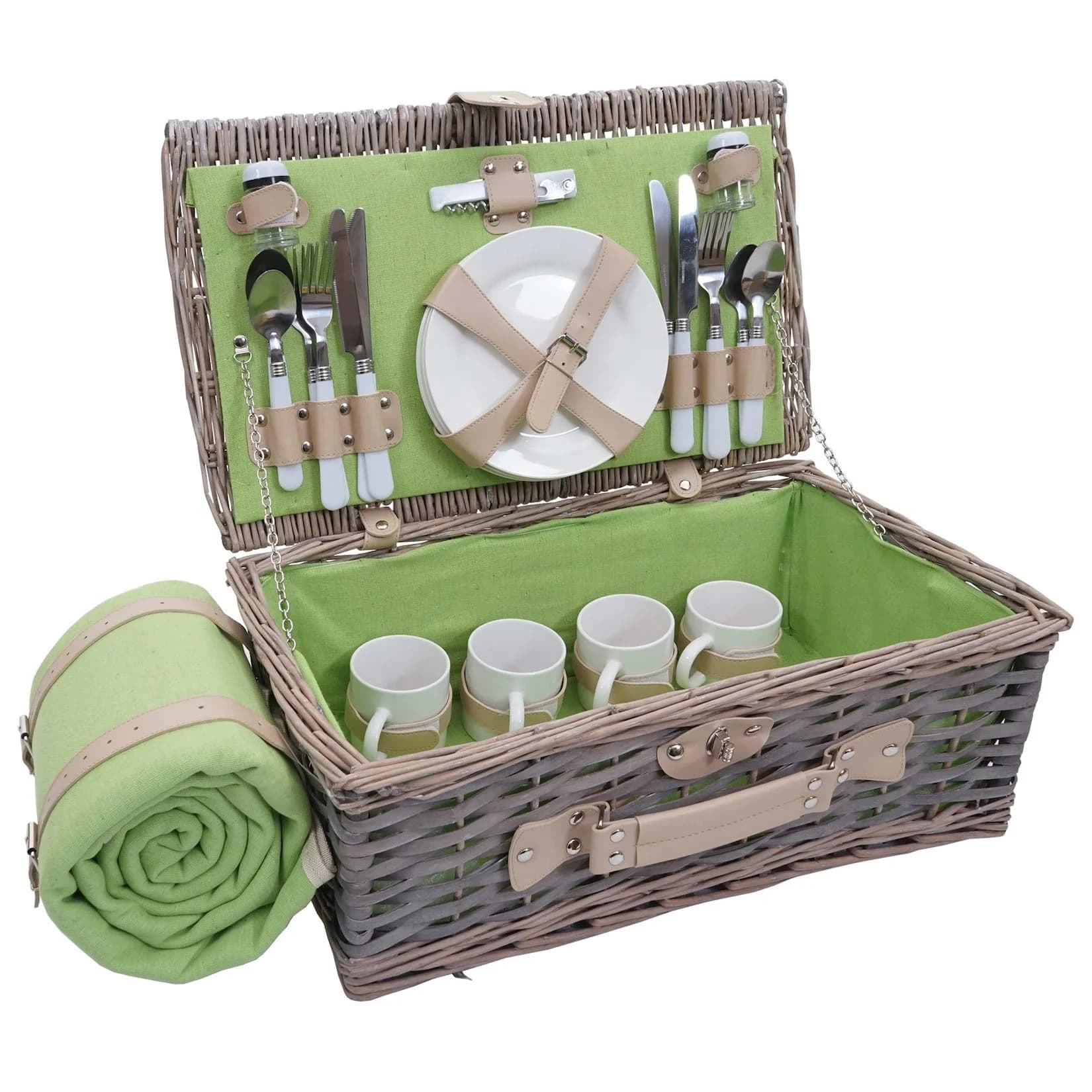 MCW Picknickkorb-Set für 4 Personen Grau-Grün Weidenkorb