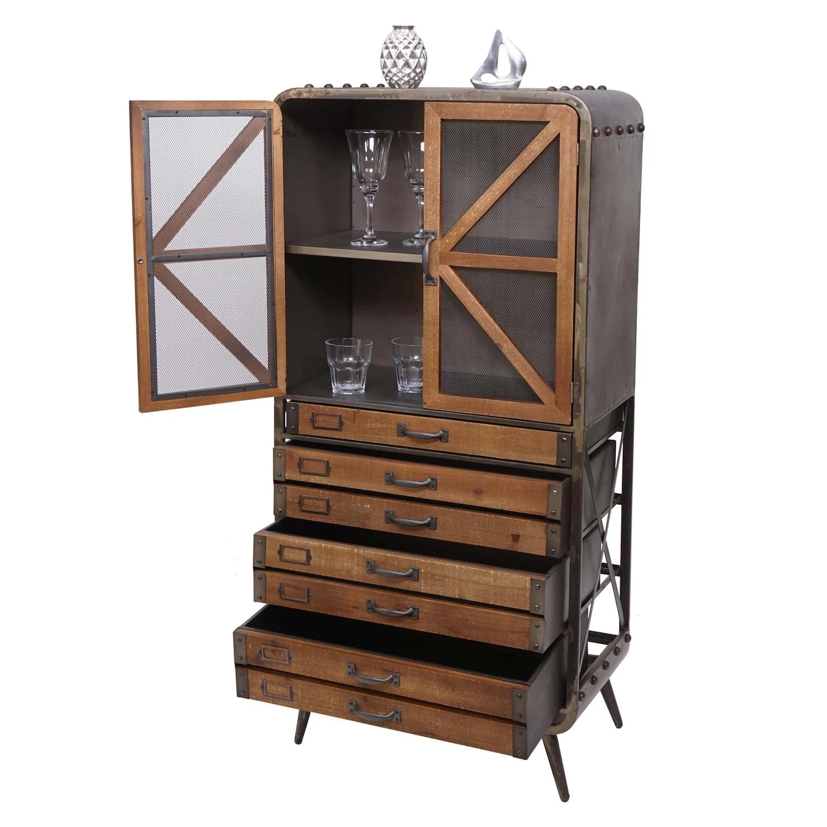 MCW Hochschrank Industrial Tanne Holz Metall Braun-Schwarz