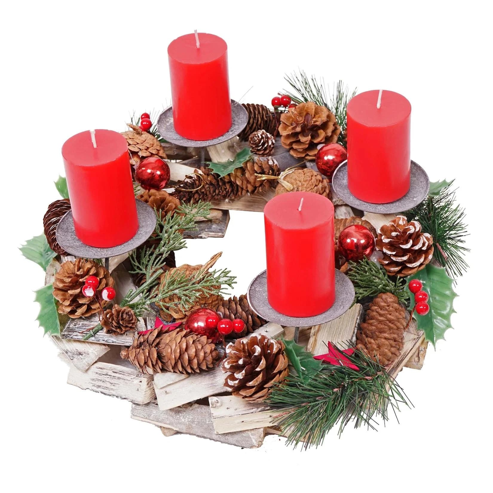 MCW Adventskranz Holz MVG-zertifiziert Ø 33cm mit 4x roten Kerzen
