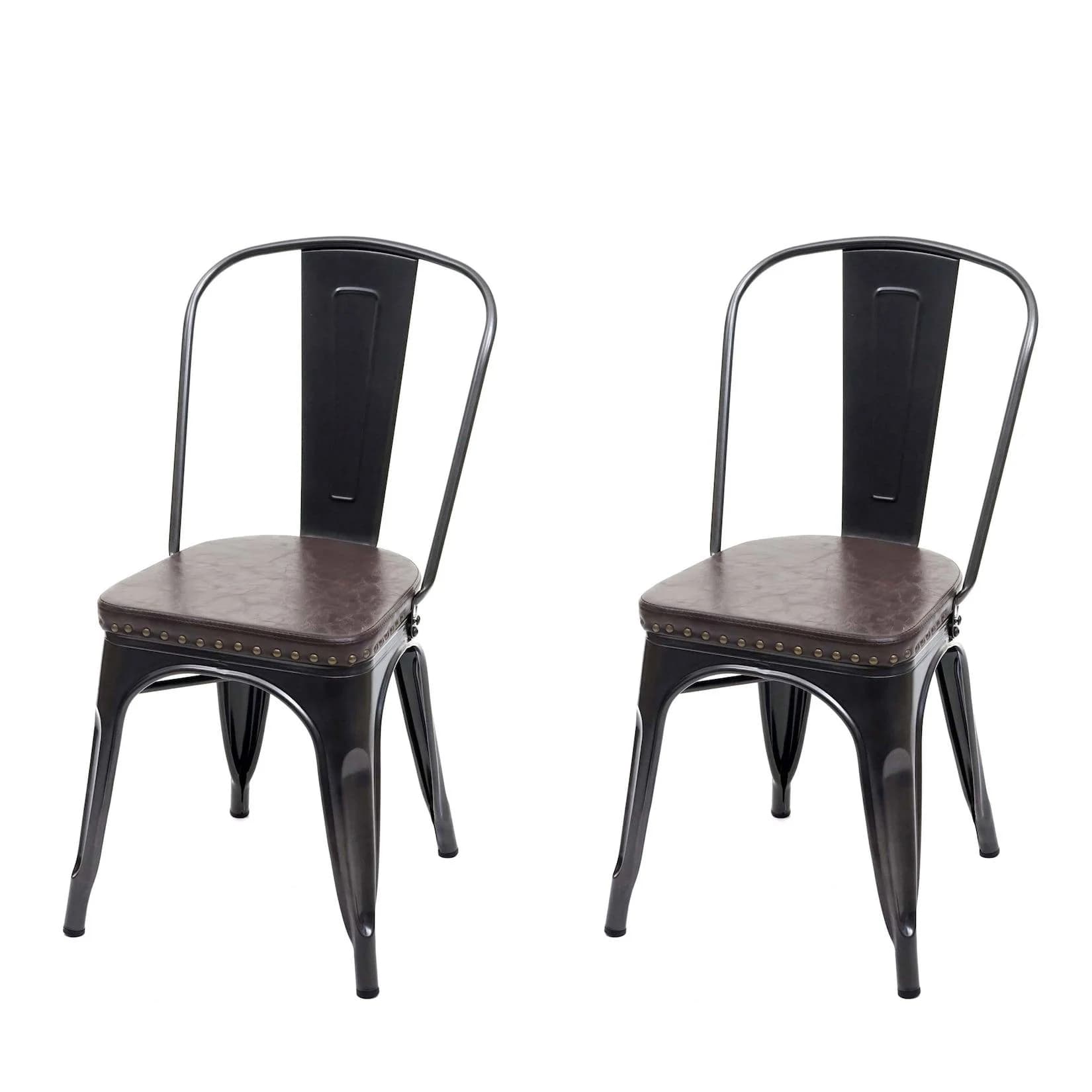 2er-Set Esszimmerstuhl MCW-H10e Schwarz-Braun Kunstleder Metall Industrial