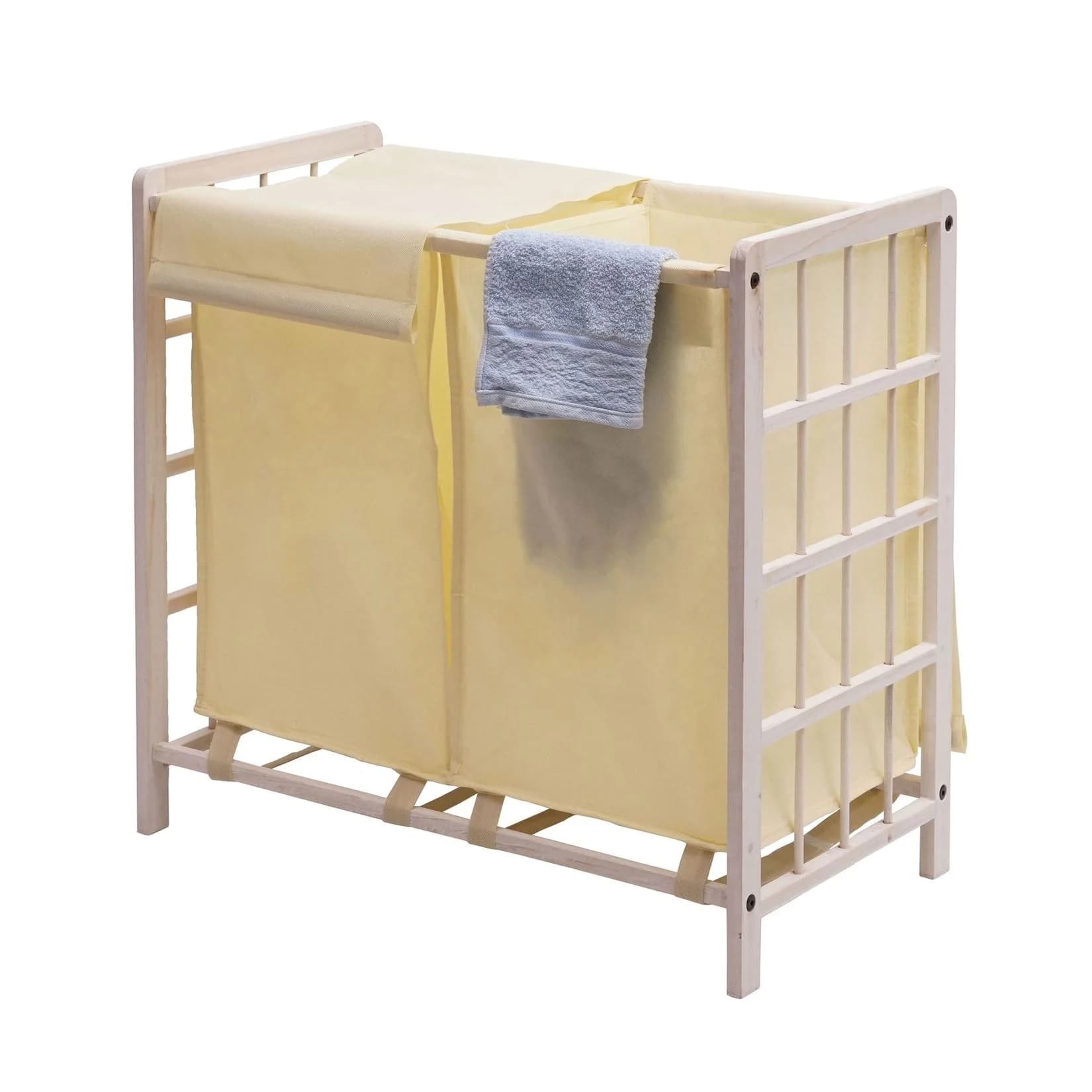 MCW Wäschesammler 2 Fächer Massivholz Shabby Weiß Creme