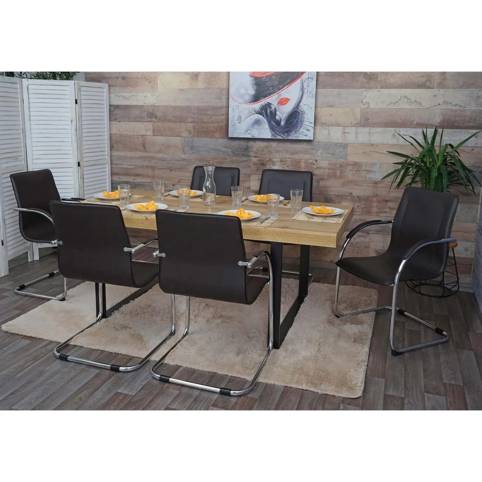 MCW 6er-Set Esszimmerstuhl Perm Freischwinger mit Armlehne Stahl Braun